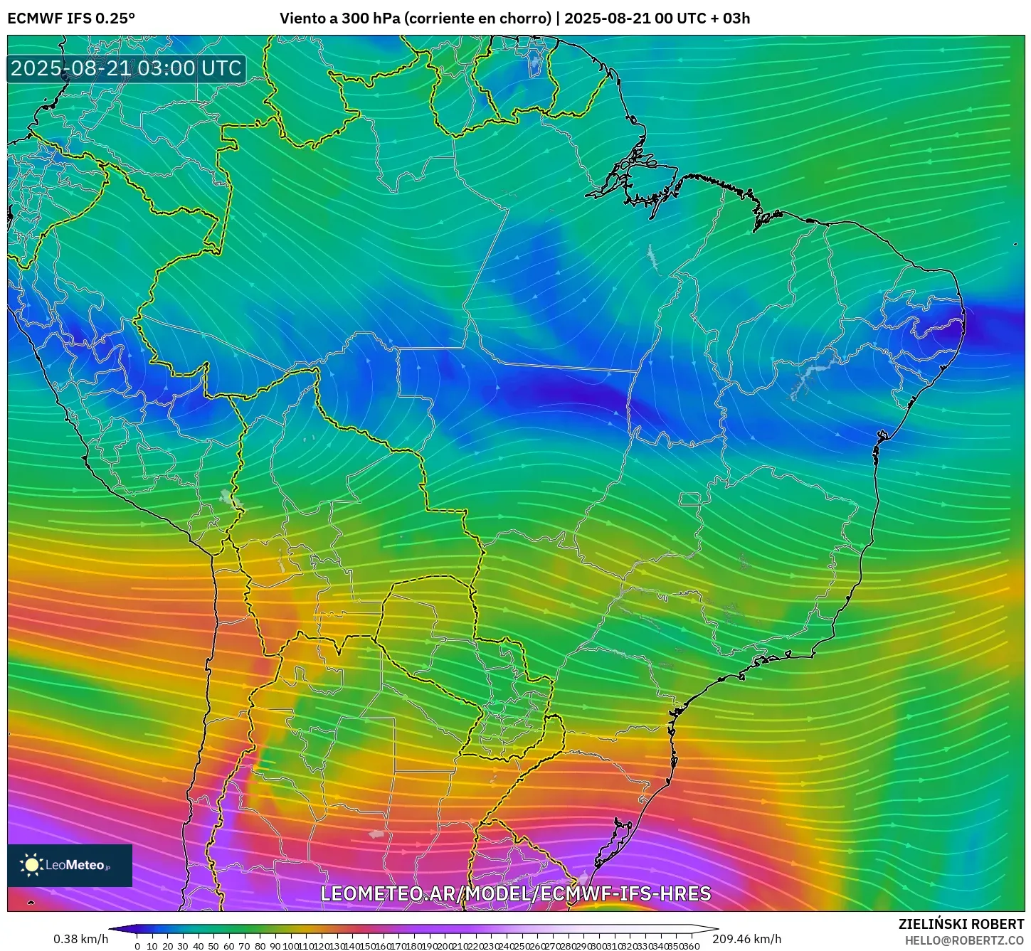 ECMWF IFS 0.25° model - Brasil, Viento a 300 hPa (corriente en chorro)