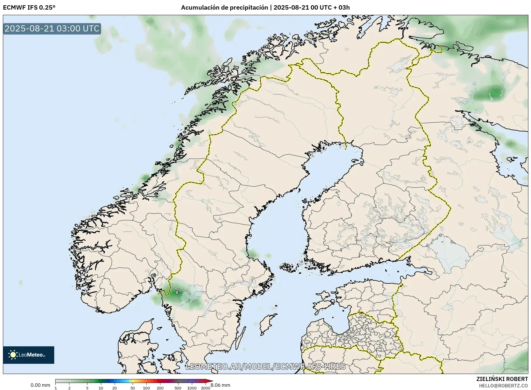 ECMWF IFS 0.25° model - Escandinavia, Acumulación de precipitación