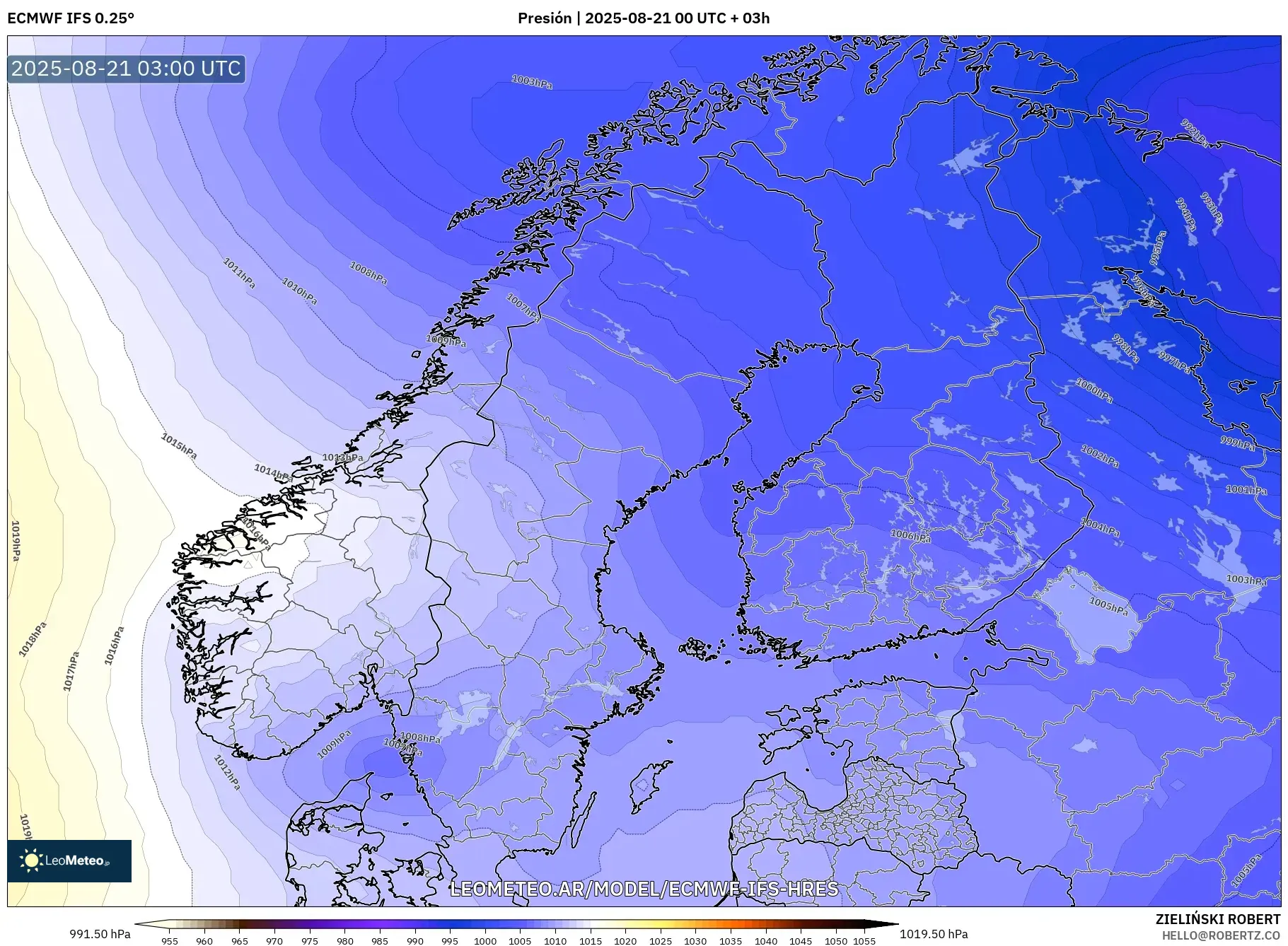ECMWF IFS 0.25° model - Escandinavia, Presión