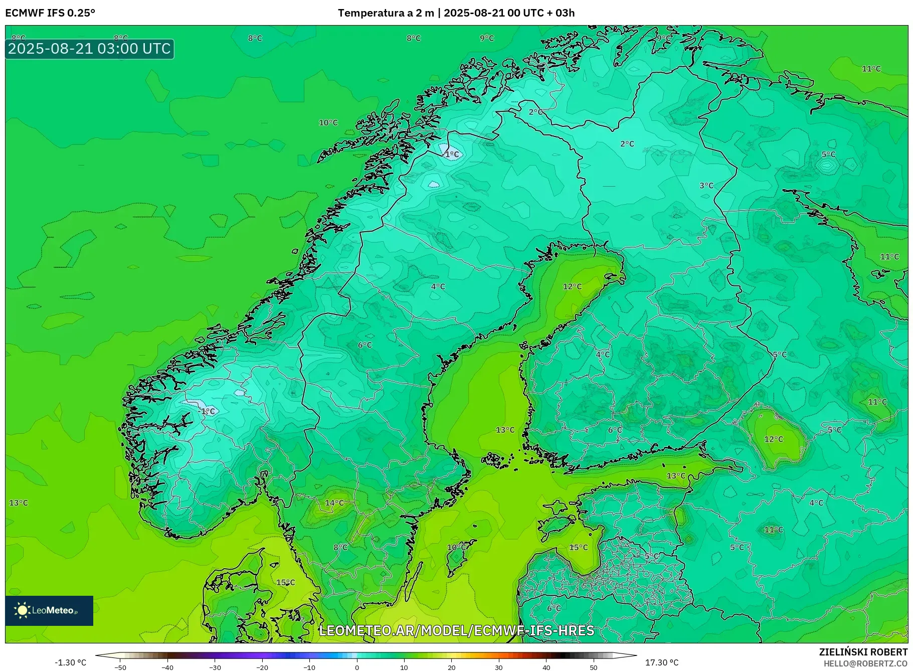 ECMWF IFS 0.25° model - Escandinavia, Temperatura a 2 m ECMWF IFS 0.25° model - Escandinavia, Temperatura a 2 m