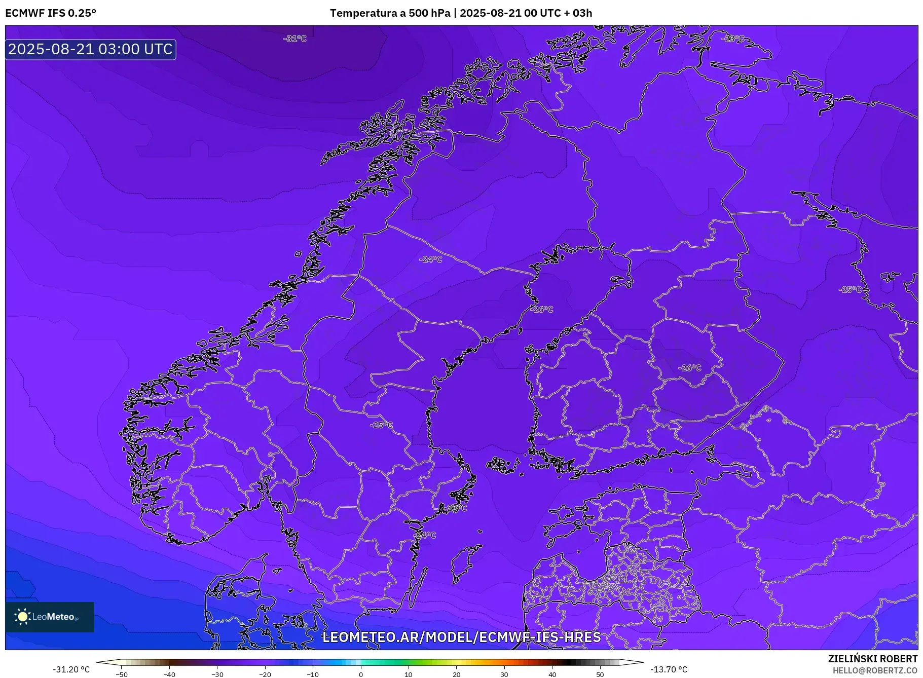 ECMWF IFS 0.25° model - Escandinavia, Temperatura a 500 hPa