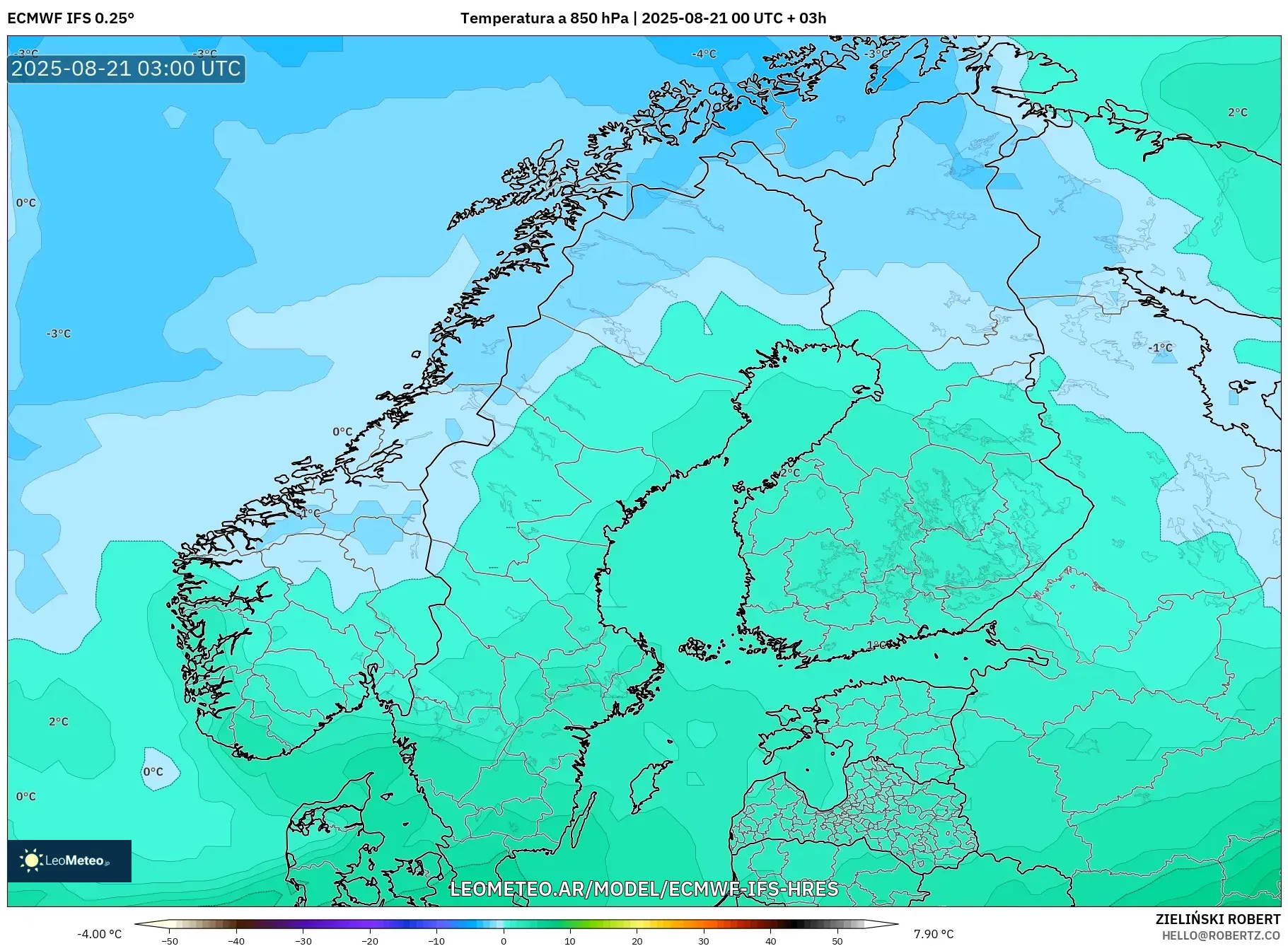ECMWF IFS 0.25° model - Escandinavia, Temperatura a 850 hPa
