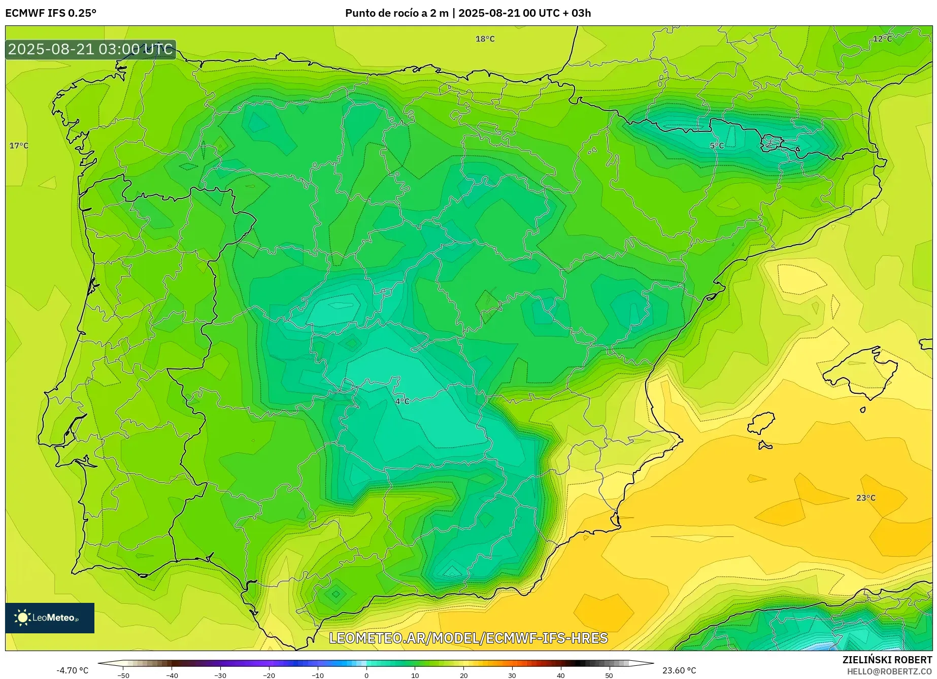 ECMWF IFS 0.25° model - España, Punto de rocío a 2 m