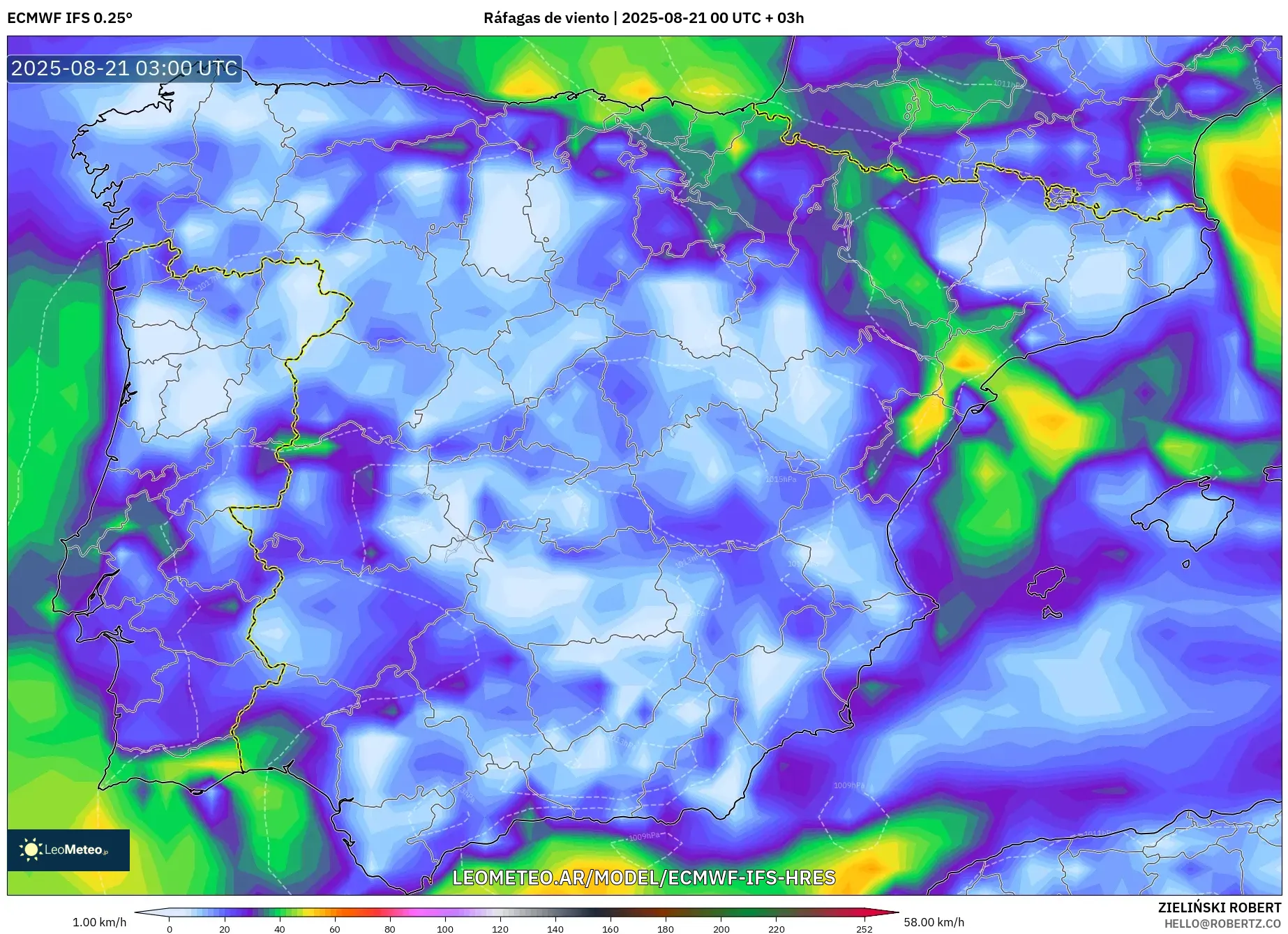 ECMWF IFS 0.25° model - España, Ráfagas de viento