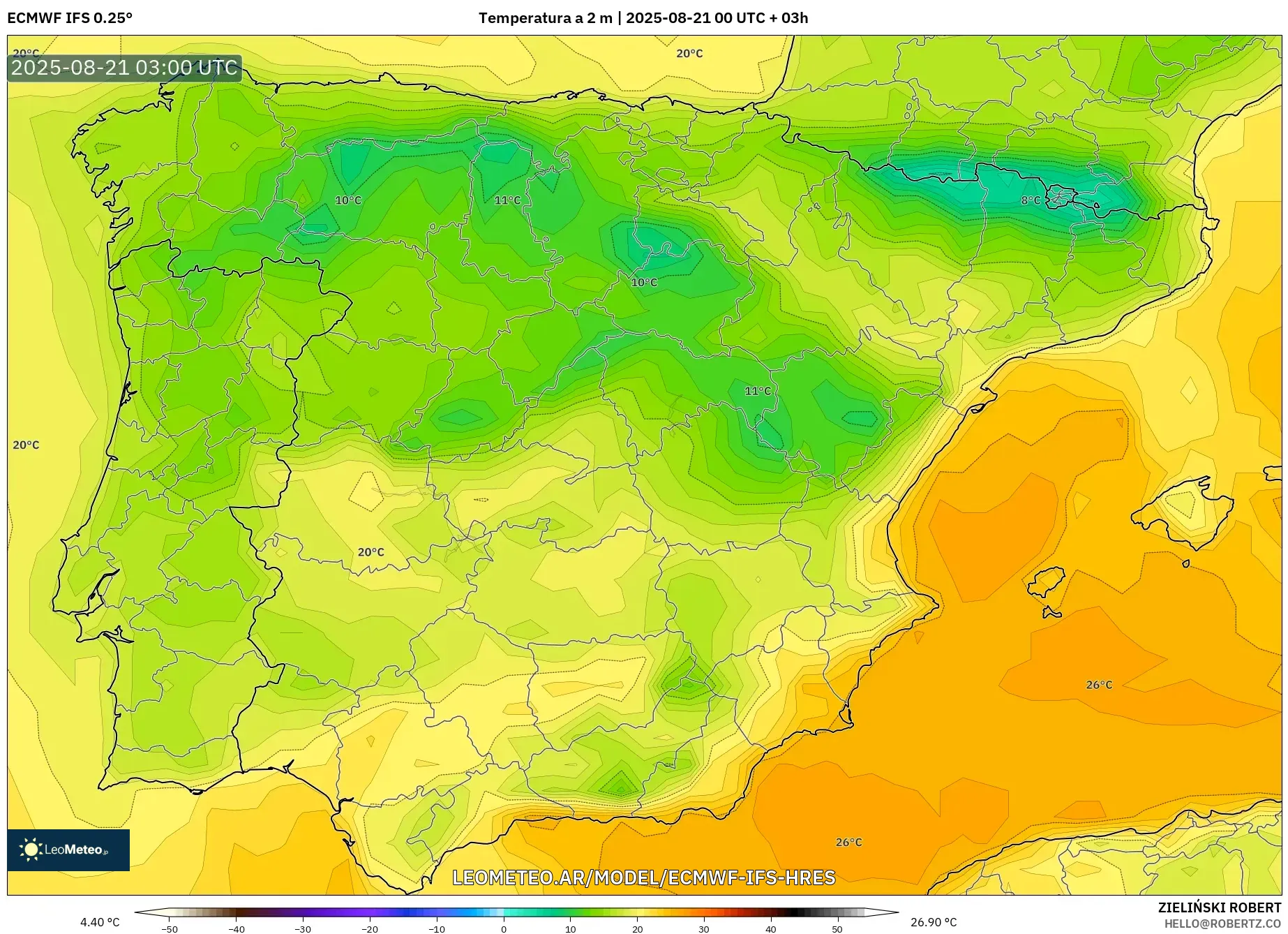 ECMWF IFS 0.25° model - España, Temperatura a 2 m