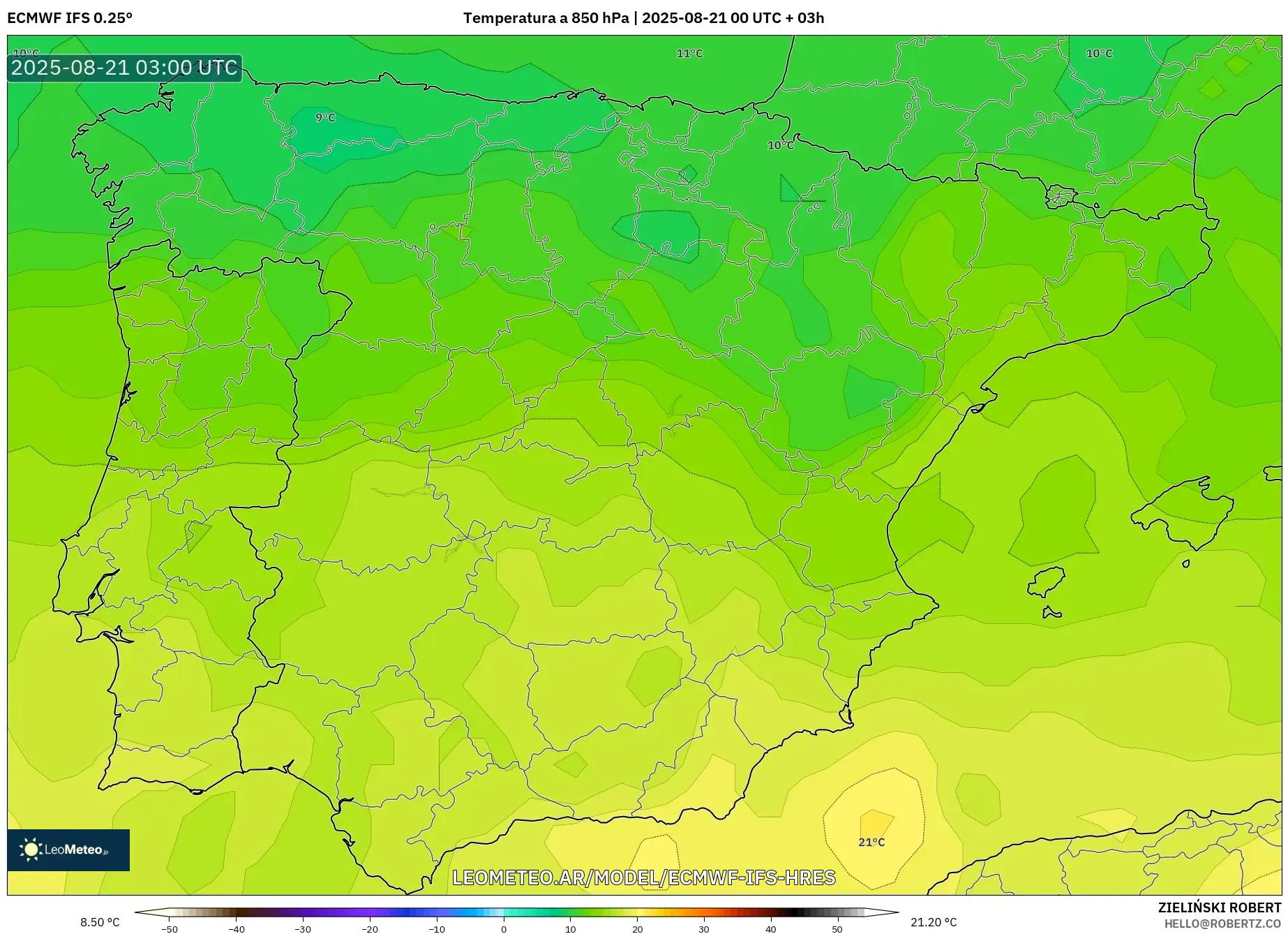 ECMWF IFS 0.25° model - España, Temperatura a 850 hPa