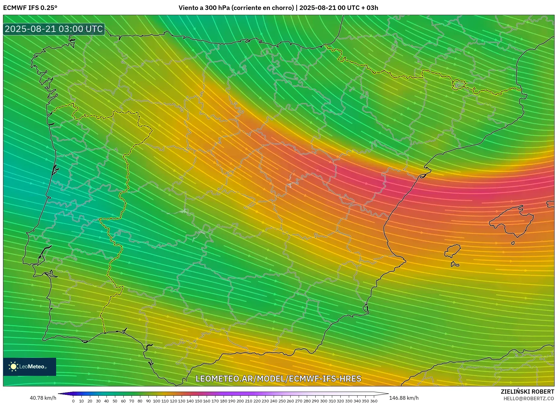 ECMWF IFS 0.25° model - España, Viento a 300 hPa (corriente en chorro)