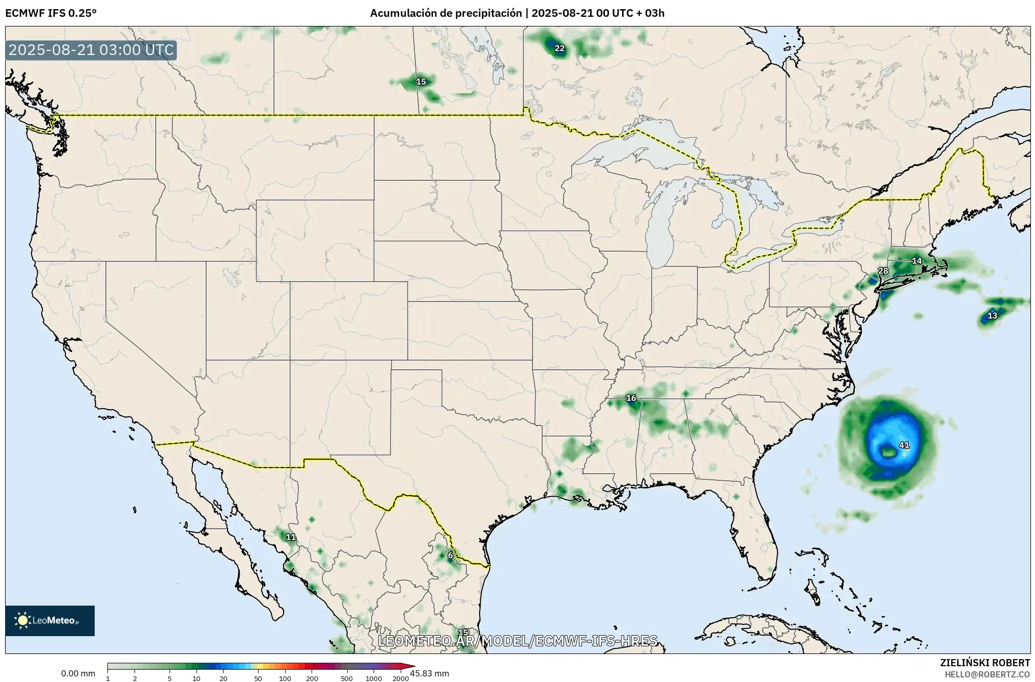 ECMWF IFS 0.25° model - Estados Unidos, Acumulación de precipitación