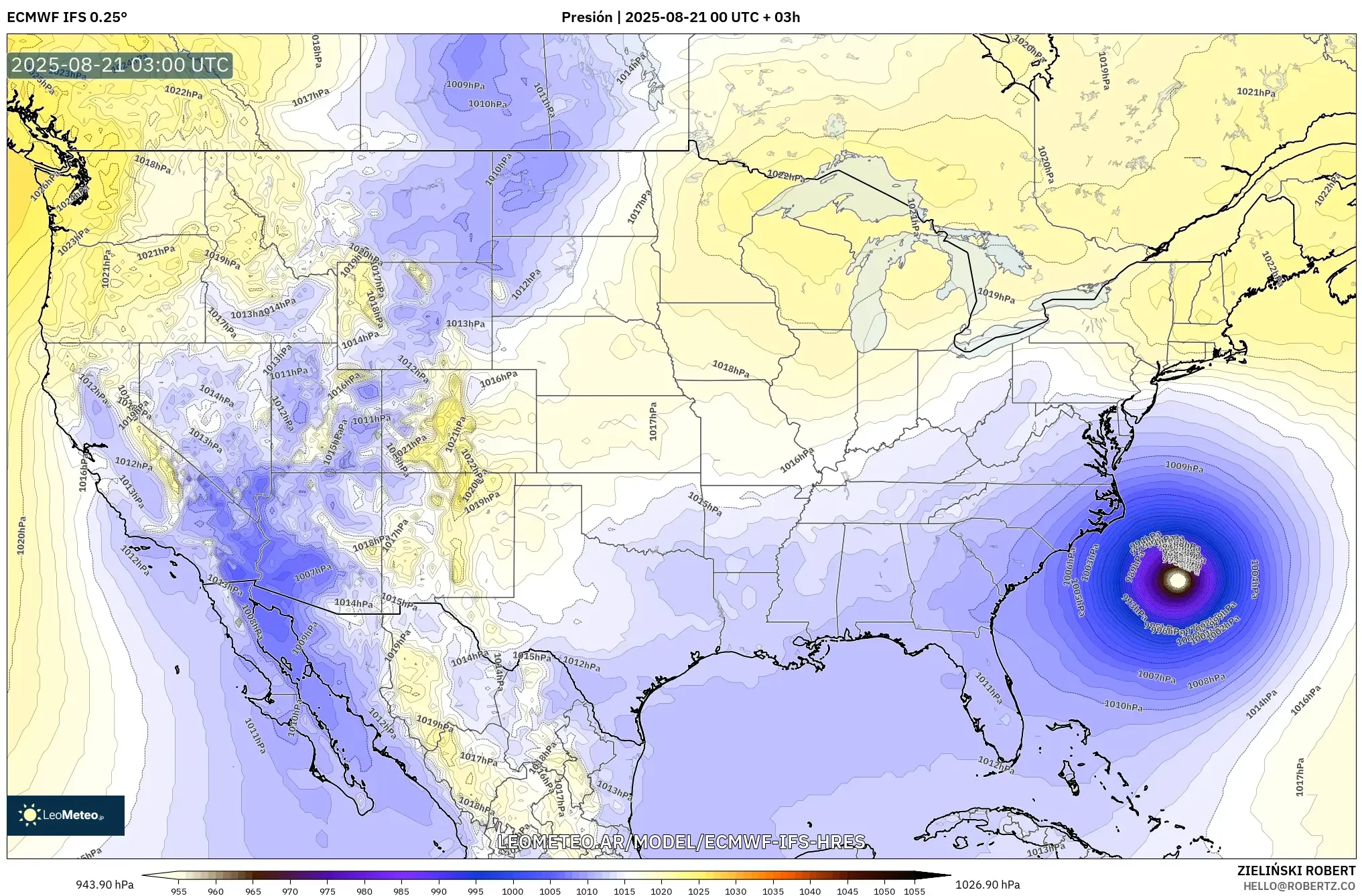 ECMWF IFS 0.25° model - Estados Unidos, Presión