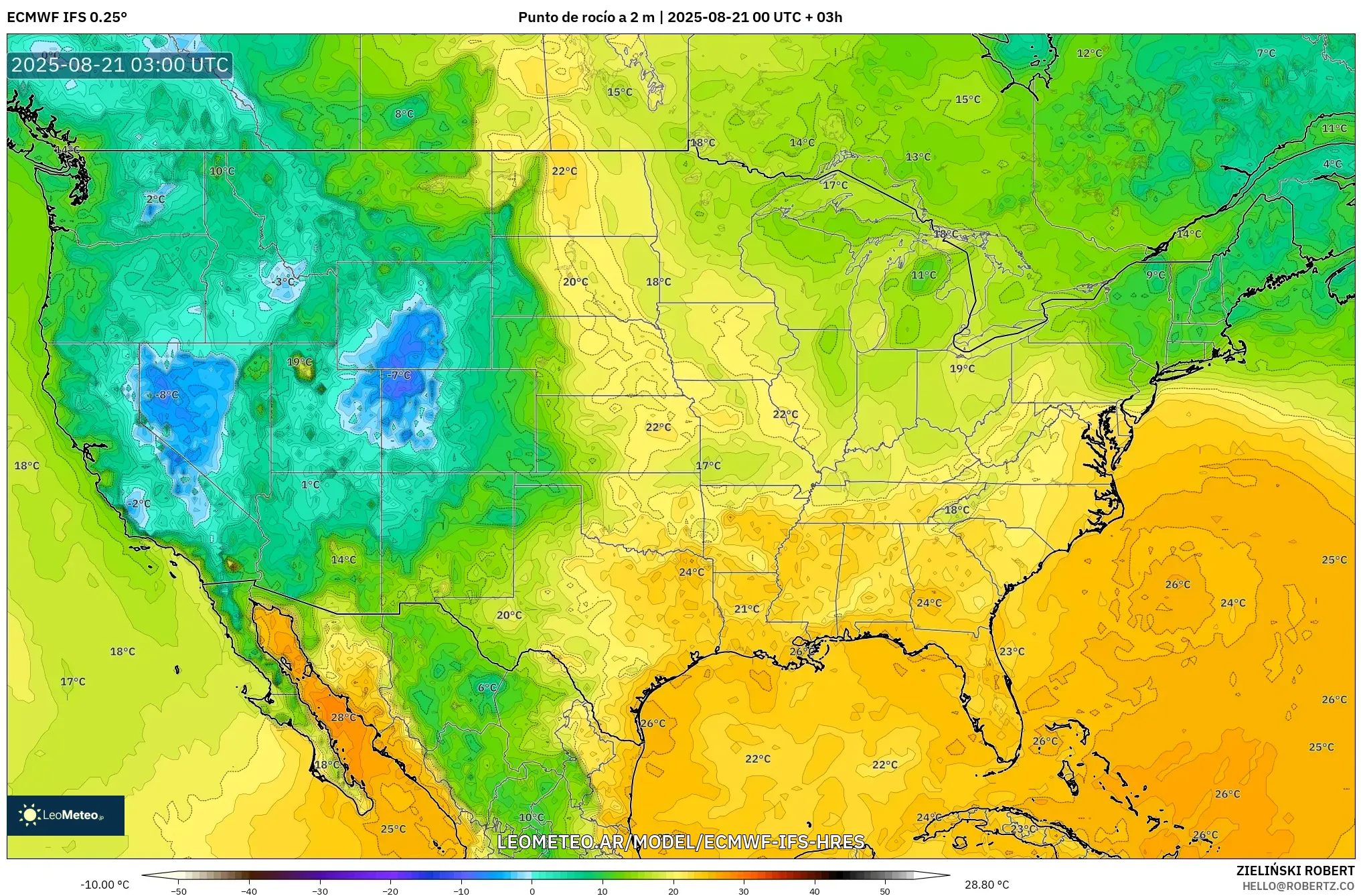 ECMWF IFS 0.25° model - Estados Unidos, Punto de rocío a 2 m