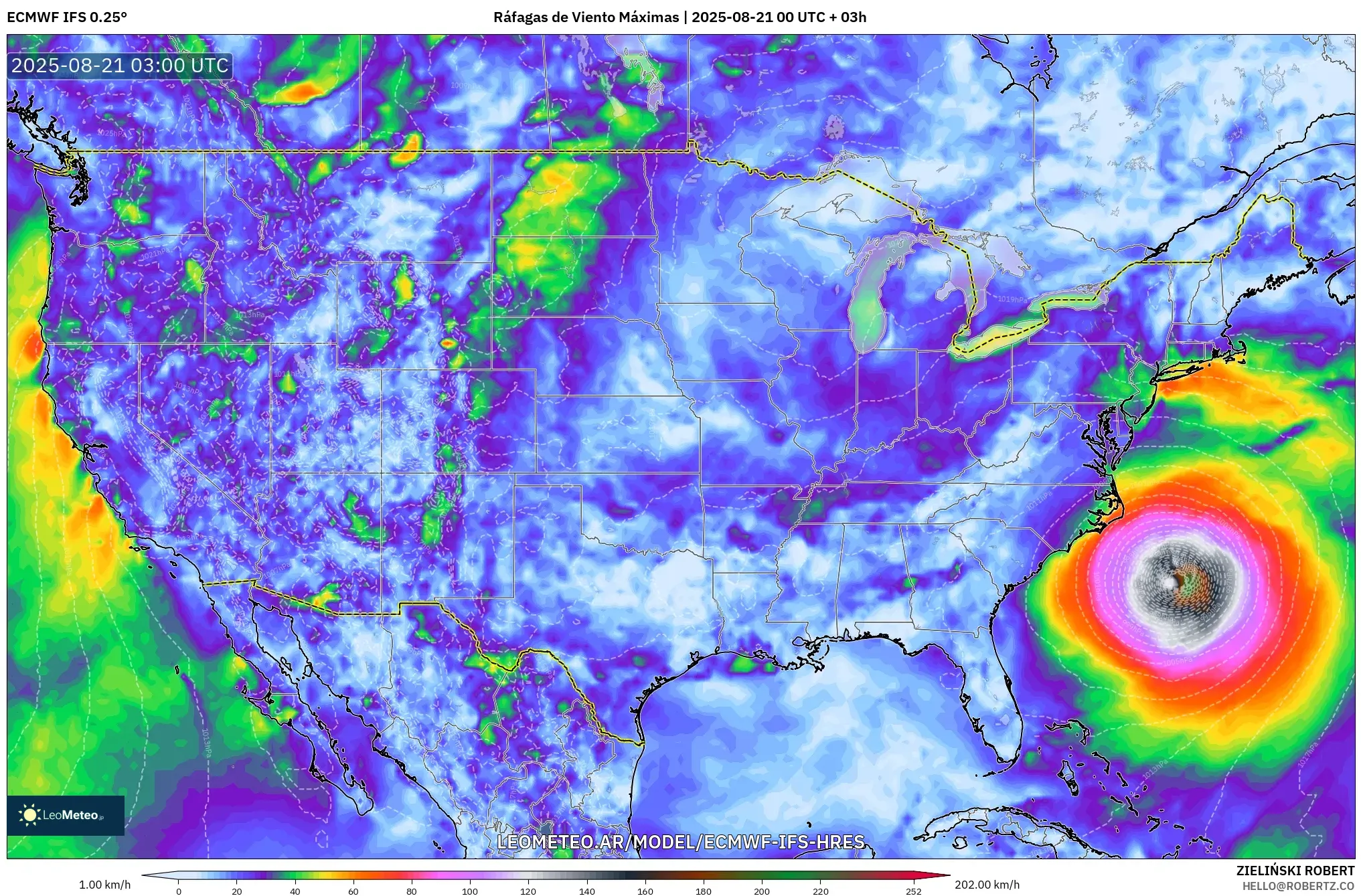 ECMWF IFS 0.25° model - Estados Unidos, Ráfagas de Viento Máximas