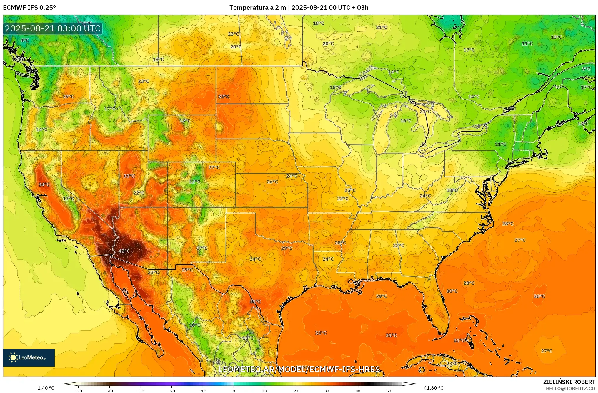 ECMWF IFS 0.25° model - Estados Unidos, Temperatura a 2 m