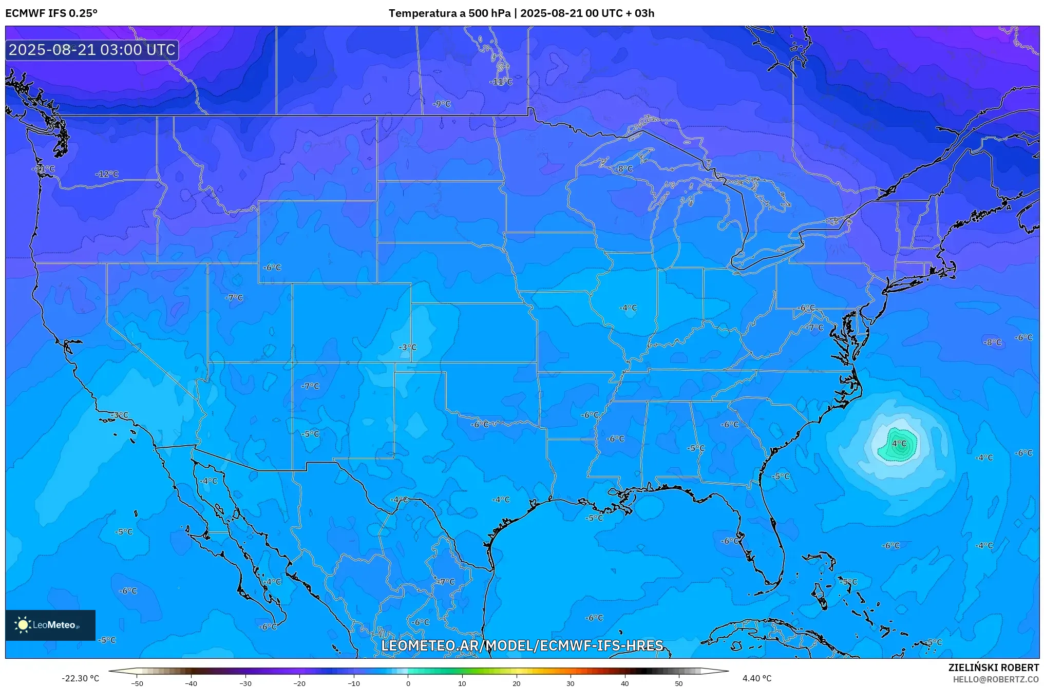 ECMWF IFS 0.25° model - Estados Unidos, Temperatura a 500 hPa ECMWF IFS 0.25° model - Estados Unidos, Temperatura a 500 hPa