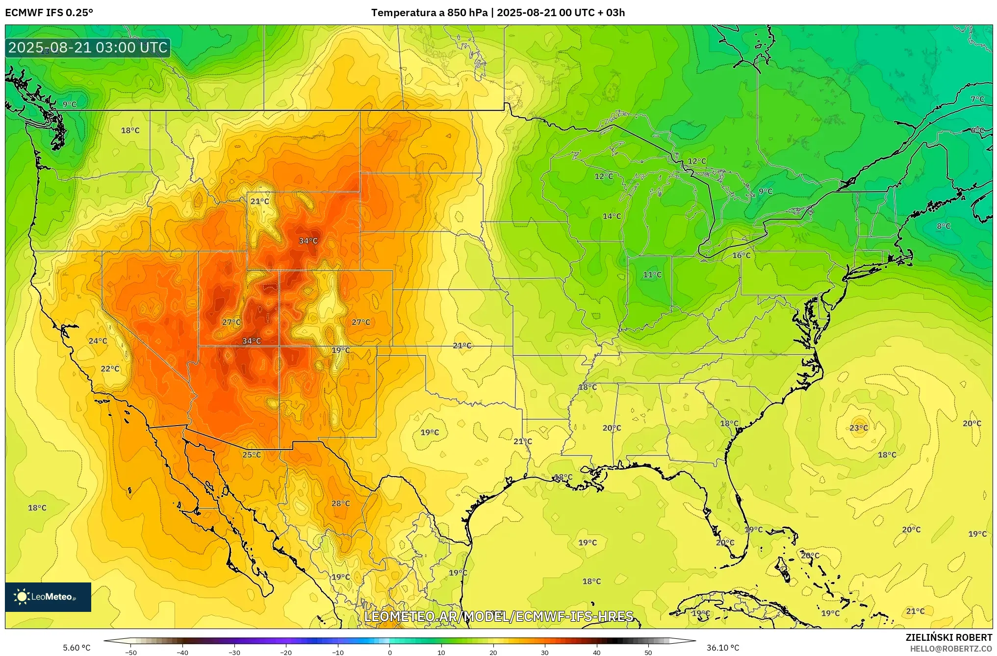 ECMWF IFS 0.25° model - Estados Unidos, Temperatura a 850 hPa