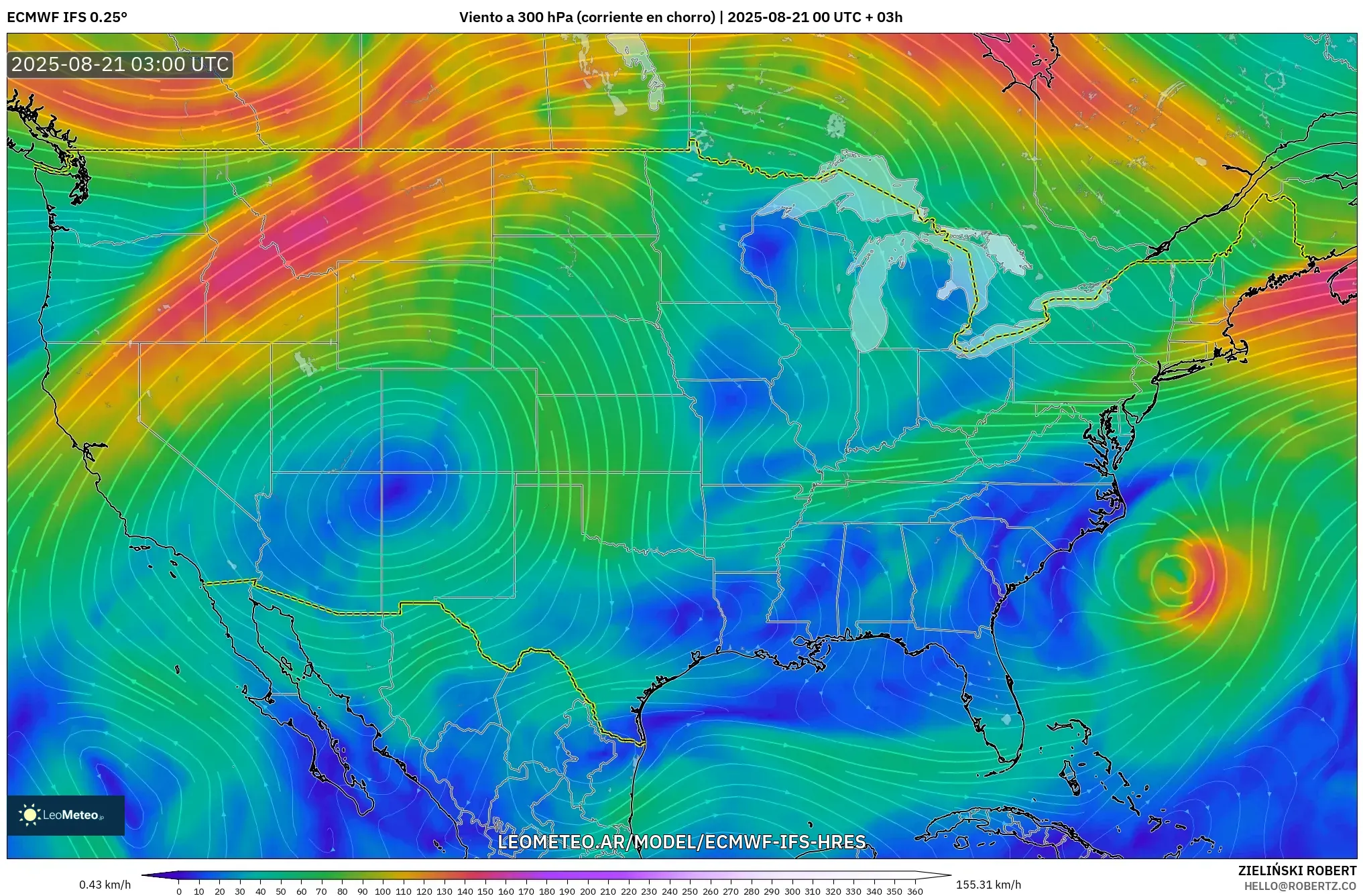ECMWF IFS 0.25° model - Estados Unidos, Viento a 300 hPa (corriente en chorro) ECMWF IFS 0.25° model - Estados Unidos, Viento a 300 hPa (corriente en chorro)