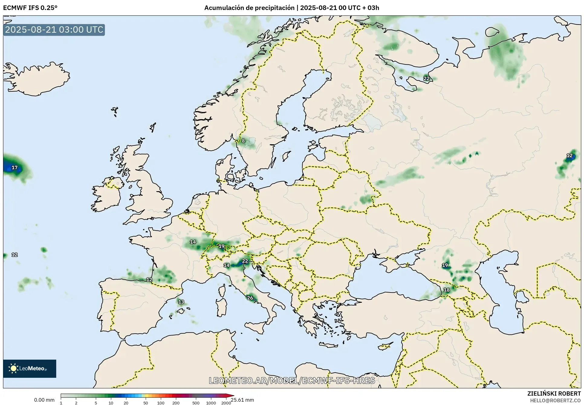 ECMWF IFS 0.25° model - Europa, Acumulación de precipitación ECMWF IFS 0.25° model - Europa, Acumulación de precipitación