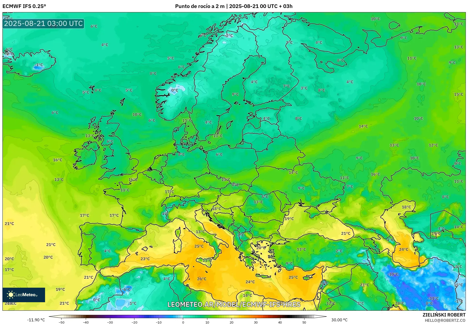 ECMWF IFS 0.25° model - Europa, Punto de rocío a 2 m