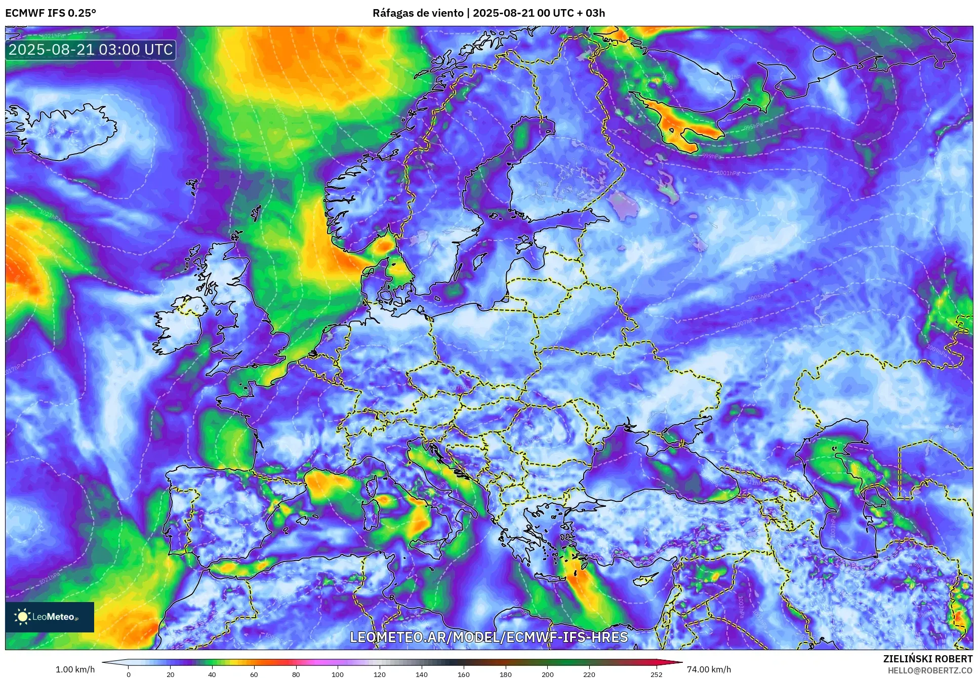 ECMWF IFS 0.25° model - Europa, Ráfagas de viento
