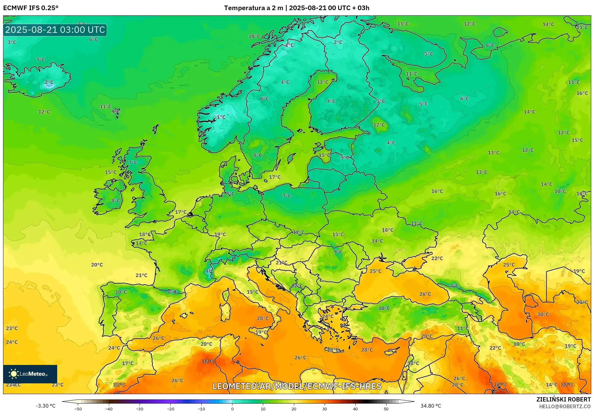 ECMWF IFS 0.25° model - Europa, Temperatura a 2 m