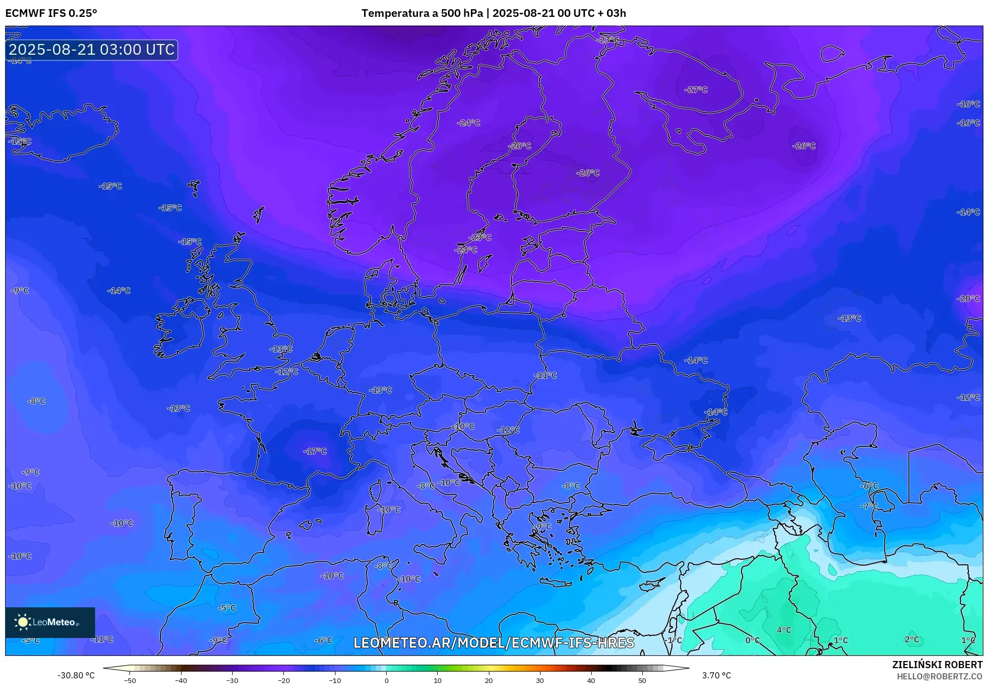 ECMWF IFS 0.25° model - Europa, Temperatura a 500 hPa