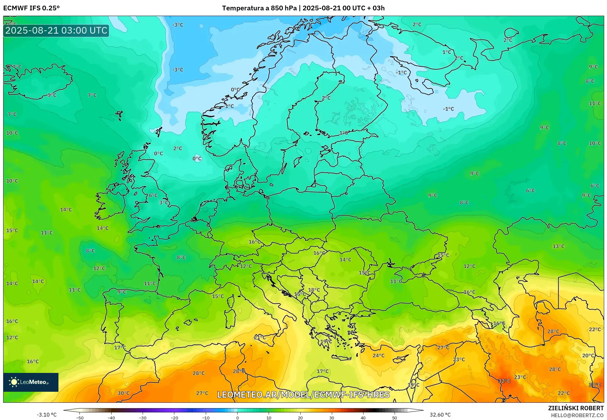 ECMWF IFS 0.25° model - Europa, Temperatura a 850 hPa