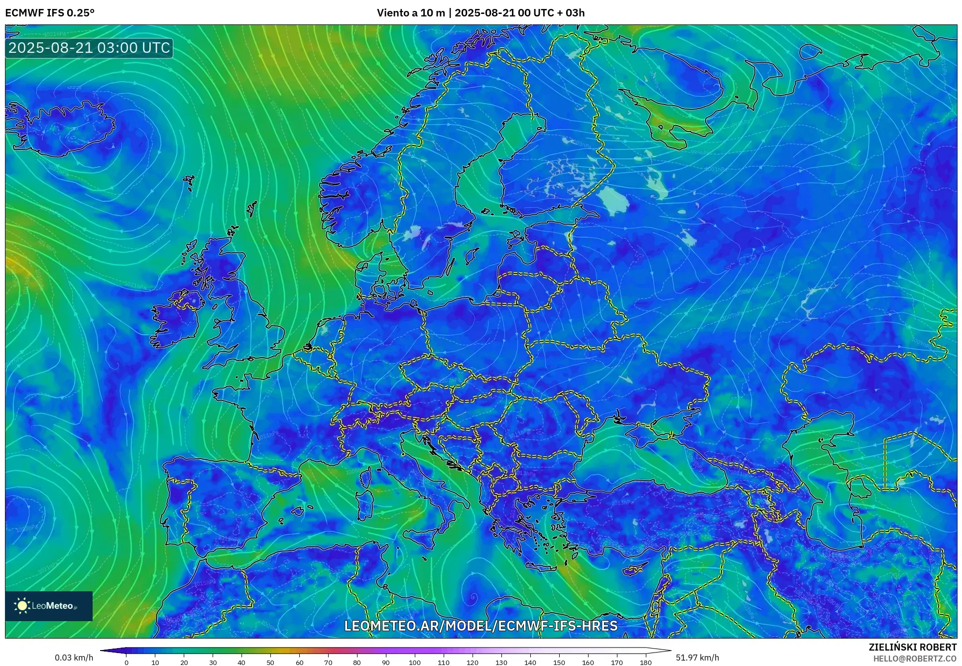 ECMWF IFS 0.25° model - Europa, Viento a 10 m