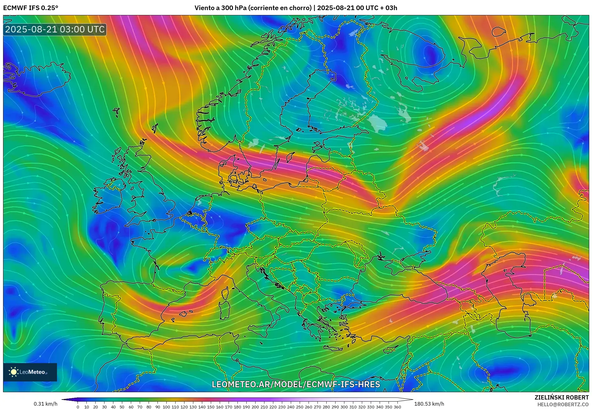 ECMWF IFS 0.25° model - Europa, Viento a 300 hPa (corriente en chorro)