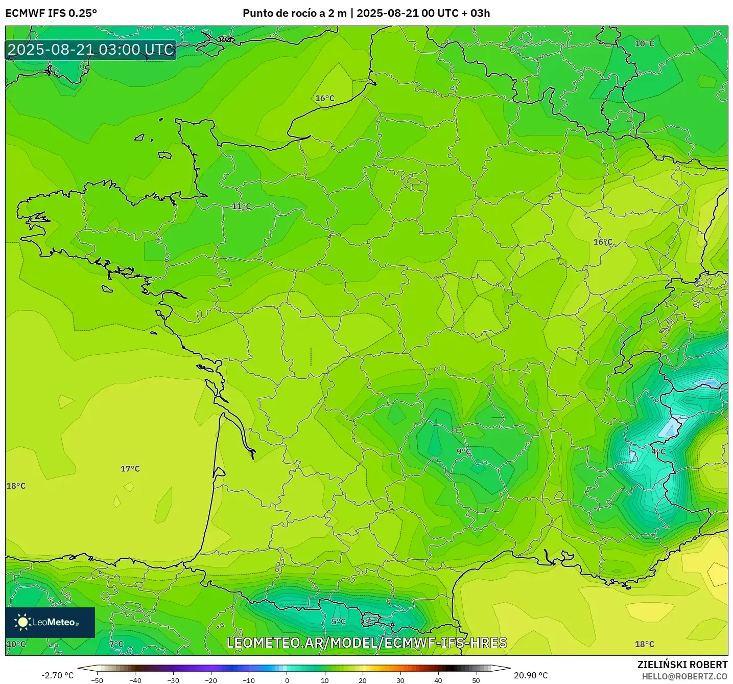 ECMWF IFS 0.25° model - Francia, Punto de rocío a 2 m