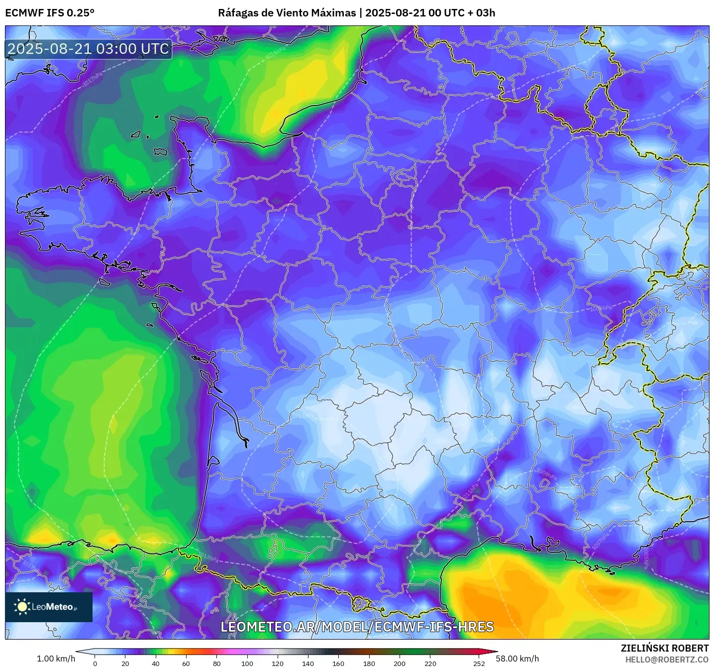 ECMWF IFS 0.25° model - Francia, Ráfagas de Viento Máximas