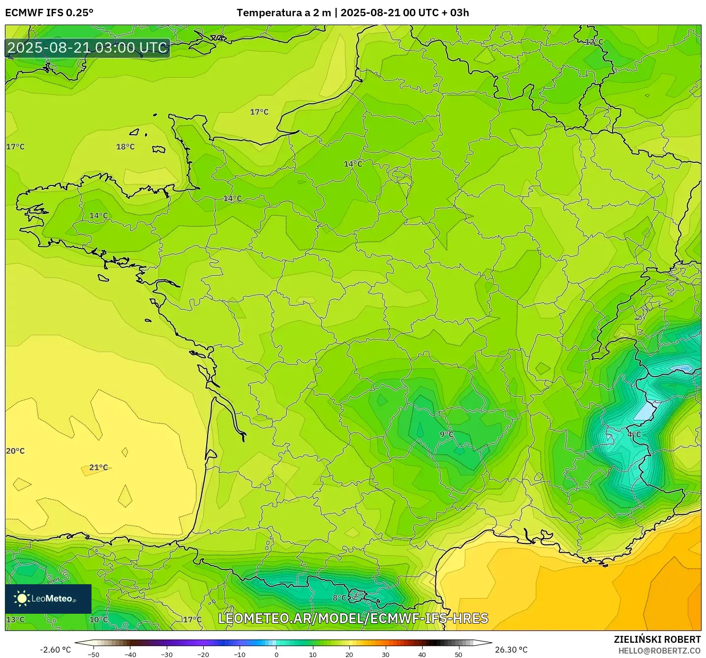 ECMWF IFS 0.25° model - Francia, Temperatura a 2 m