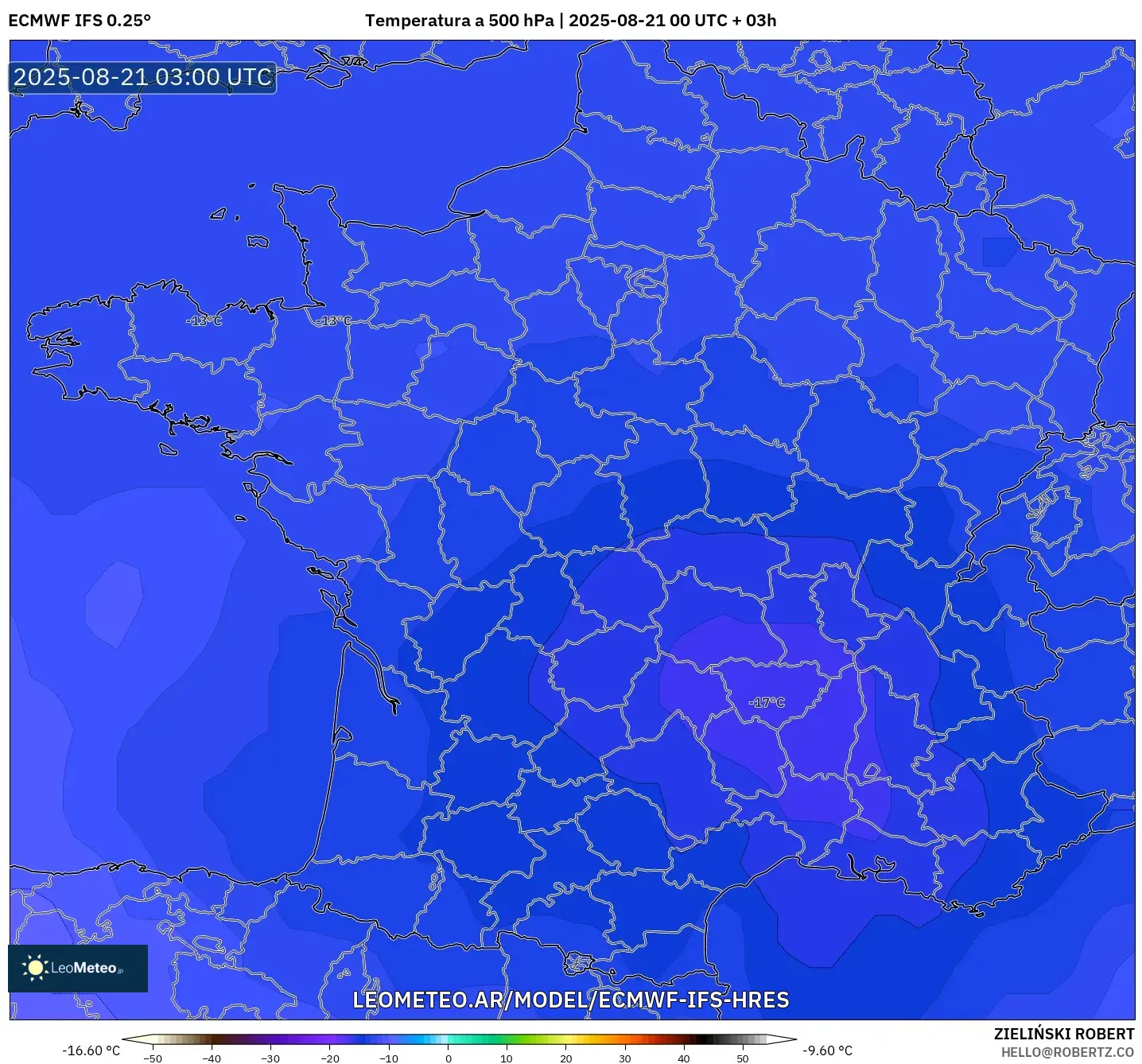 ECMWF IFS 0.25° model - Francia, Temperatura a 500 hPa ECMWF IFS 0.25° model - Francia, Temperatura a 500 hPa