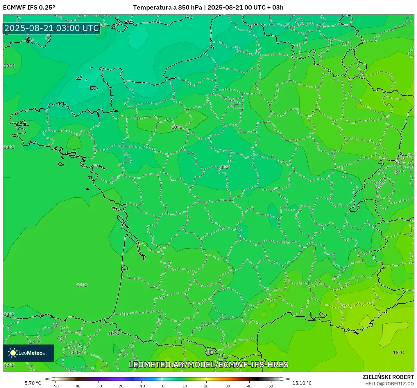 ECMWF IFS 0.25° model - Francia, Temperatura a 850 hPa ECMWF IFS 0.25° model - Francia, Temperatura a 850 hPa