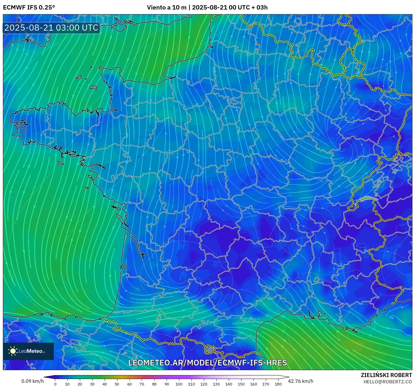 ECMWF IFS 0.25° model - Francia, Viento a 10 m