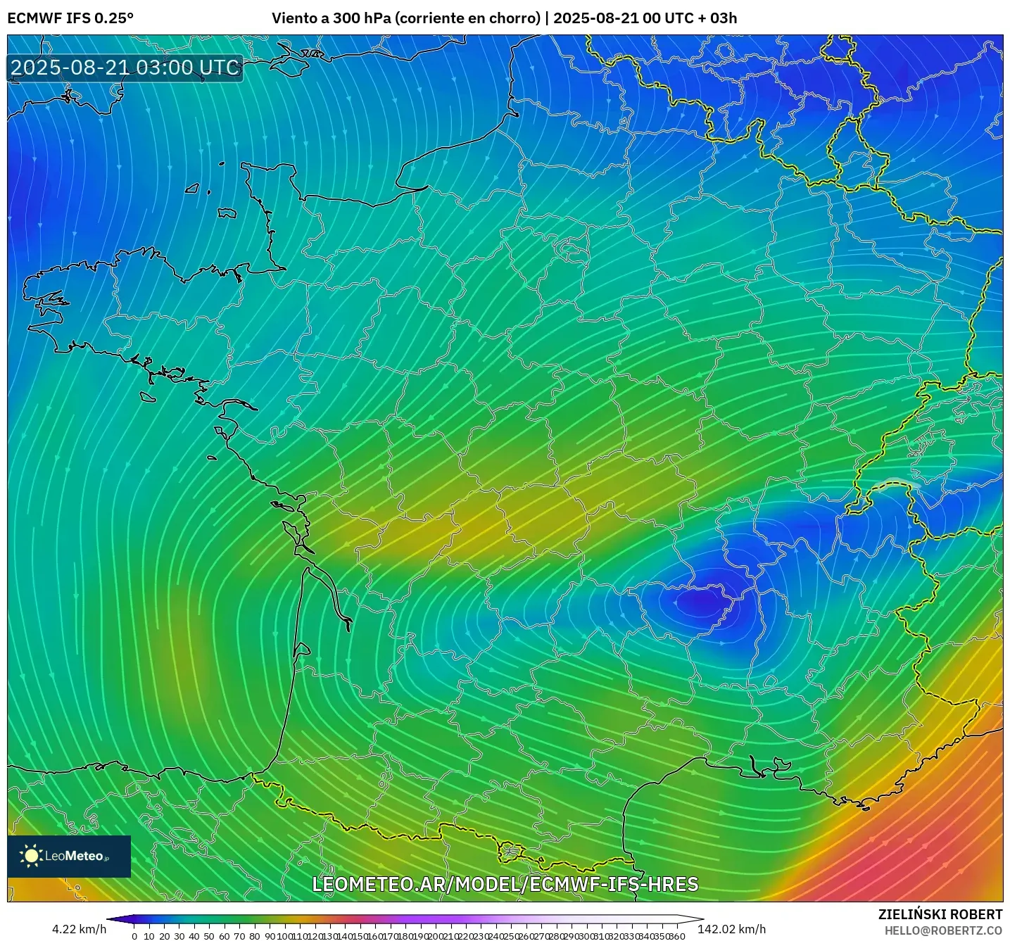ECMWF IFS 0.25° model - Francia, Viento a 300 hPa (corriente en chorro)