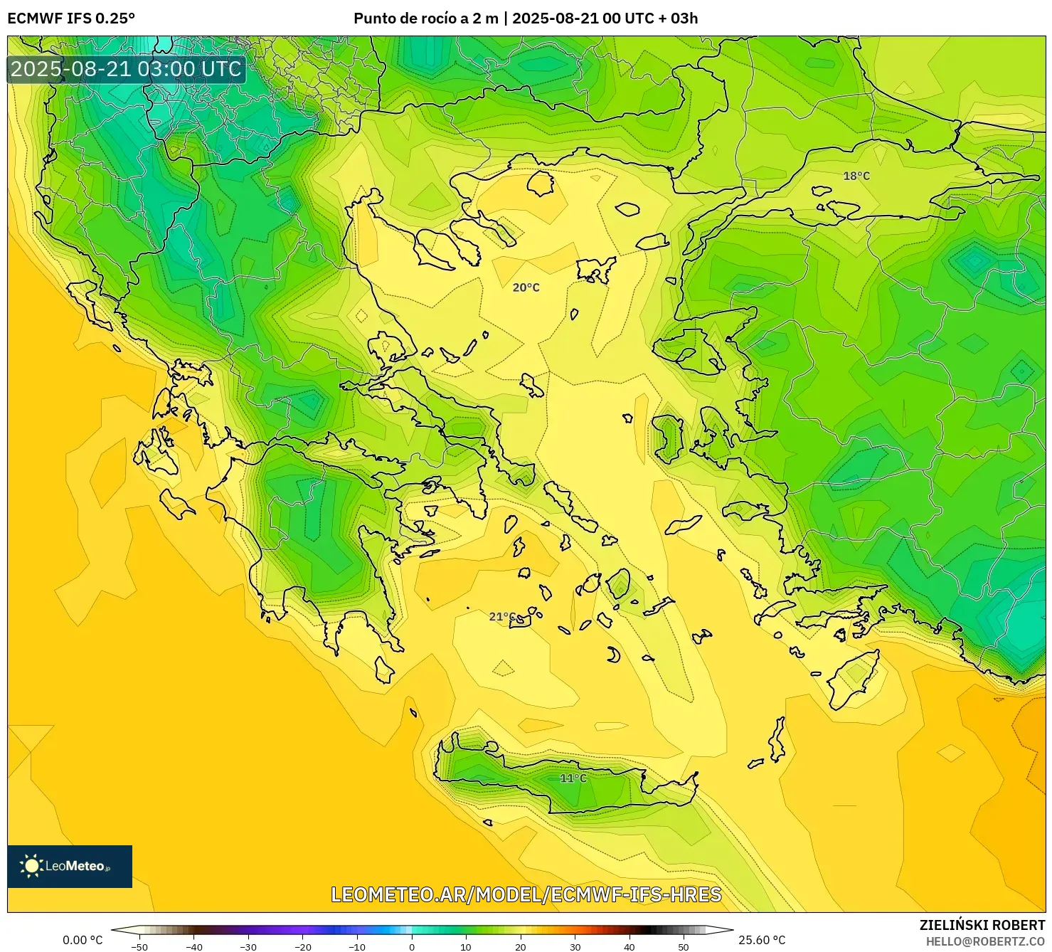 ECMWF IFS 0.25° model - Grecia, Punto de rocío a 2 m
