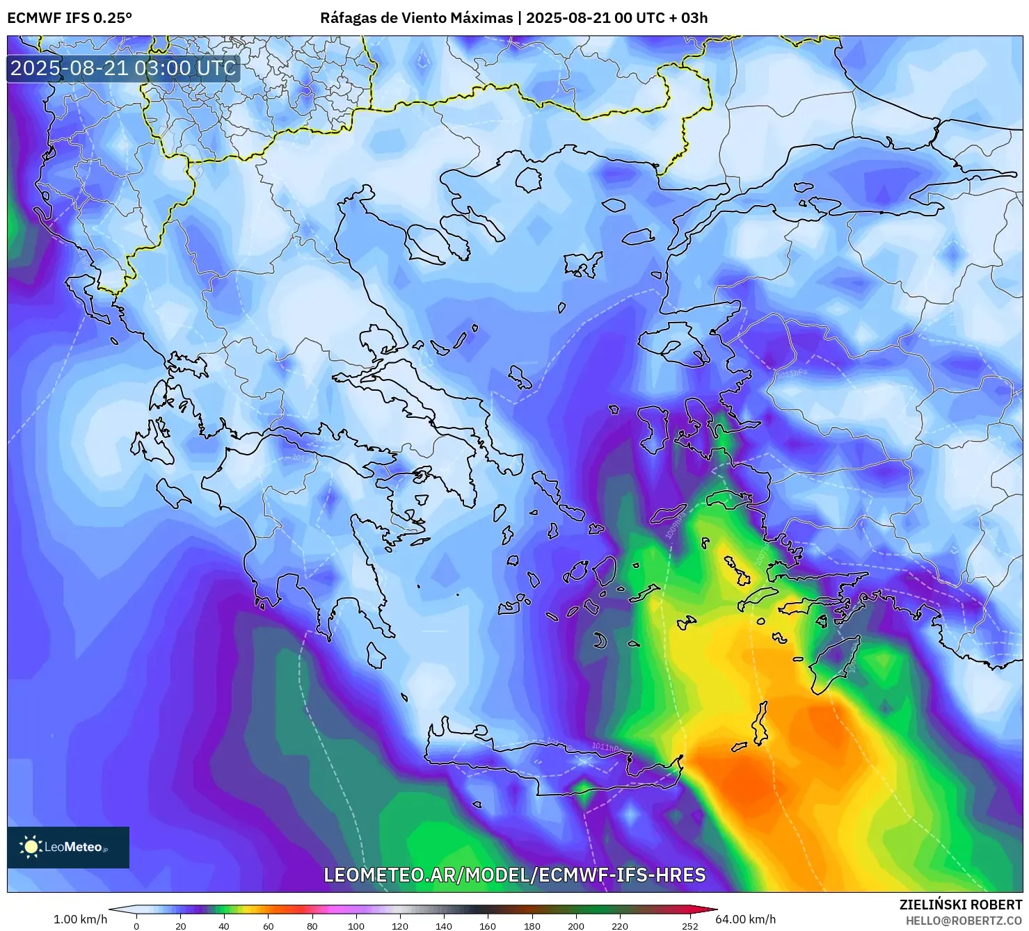 ECMWF IFS 0.25° model - Grecia, Ráfagas de Viento Máximas