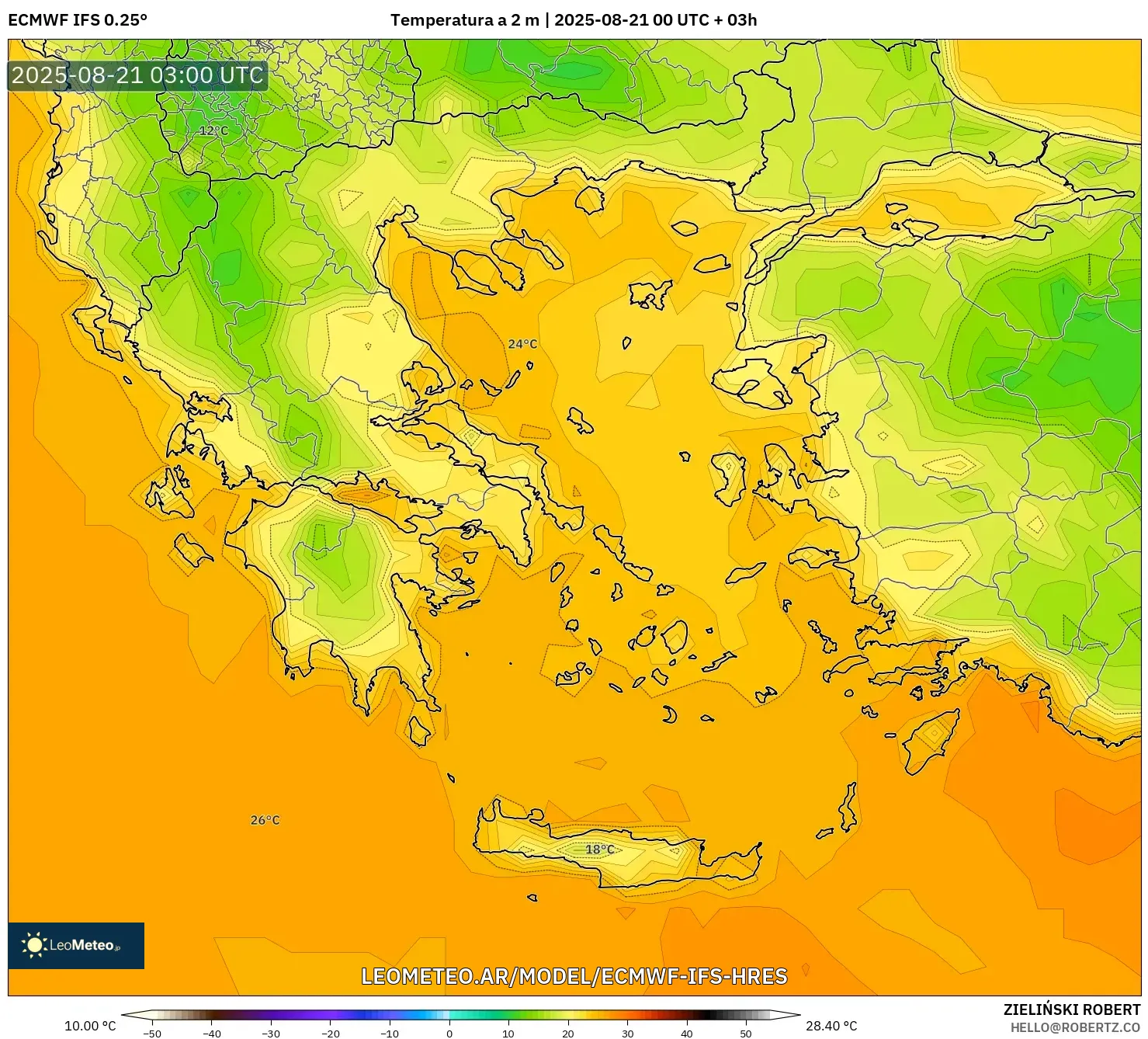 ECMWF IFS 0.25° model - Grecia, Temperatura a 2 m ECMWF IFS 0.25° model - Grecia, Temperatura a 2 m