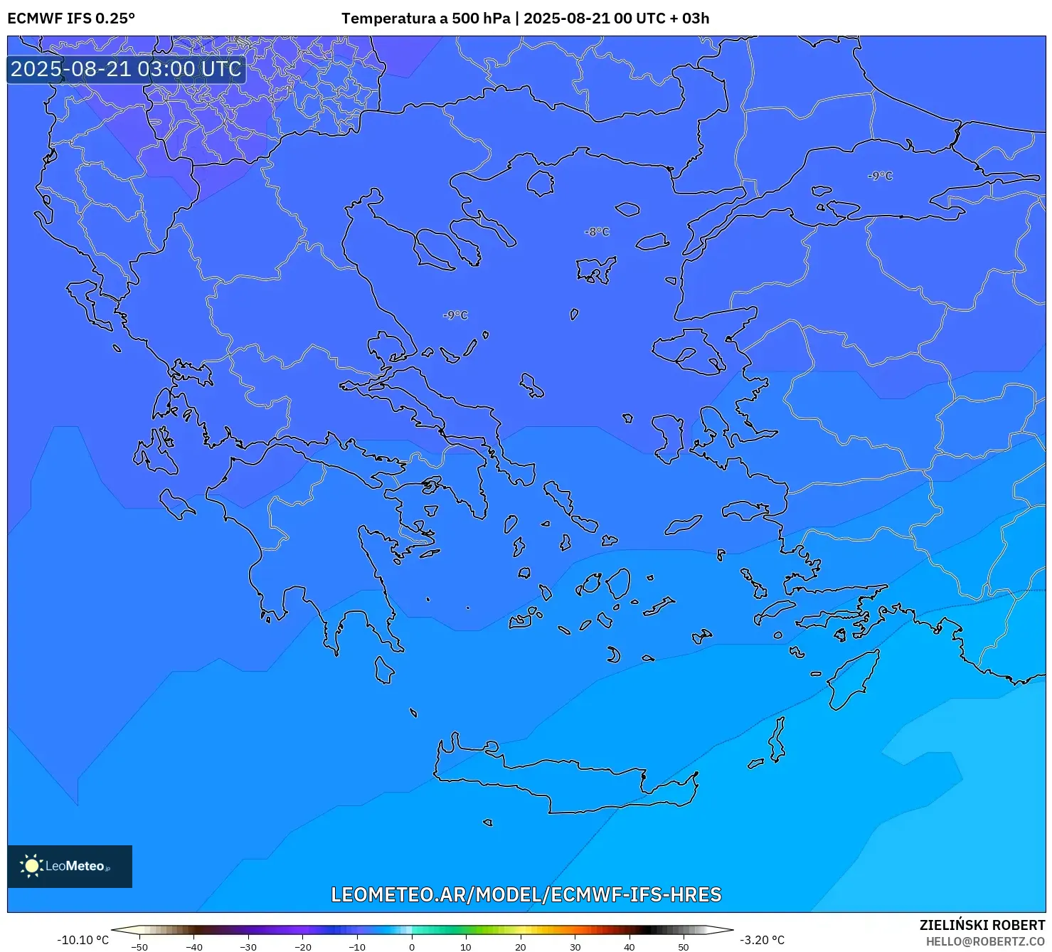 ECMWF IFS 0.25° model - Grecia, Temperatura a 500 hPa