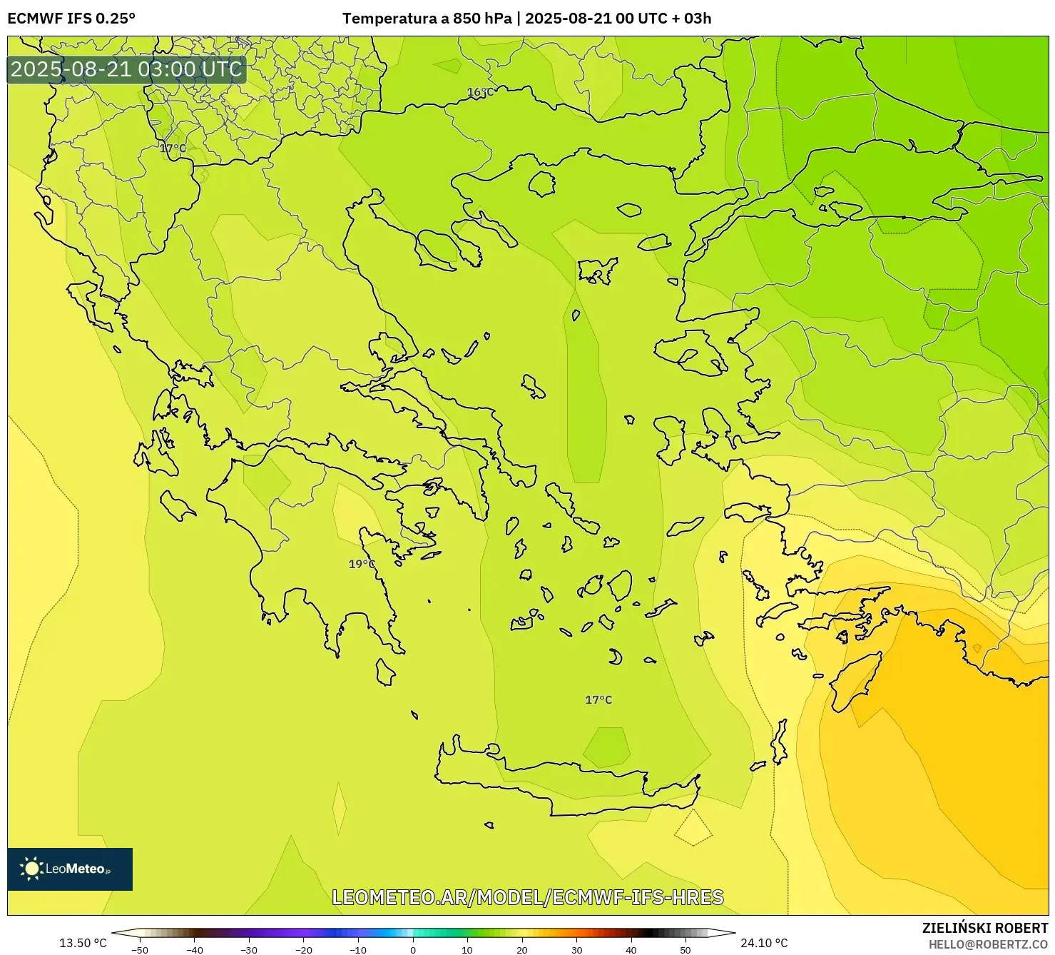 ECMWF IFS 0.25° model - Grecia, Temperatura a 850 hPa