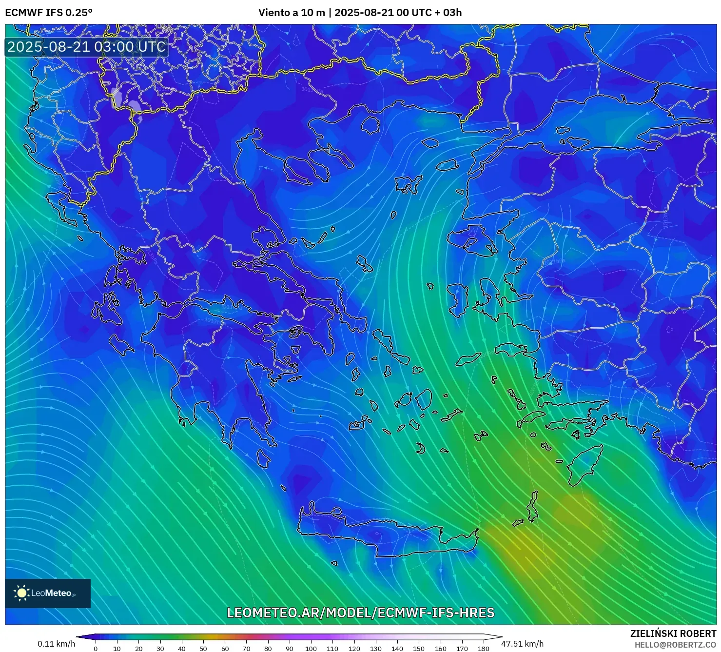 ECMWF IFS 0.25° model - Grecia, Viento a 10 m