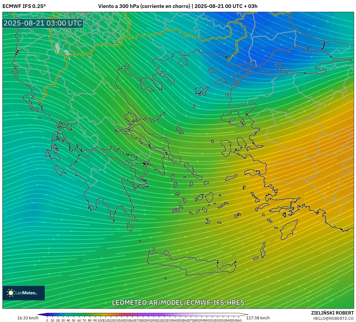 ECMWF IFS 0.25° model - Grecia, Viento a 300 hPa (corriente en chorro)