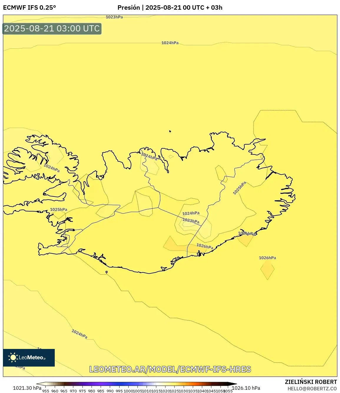 ECMWF IFS 0.25° model - Islandia, Presión