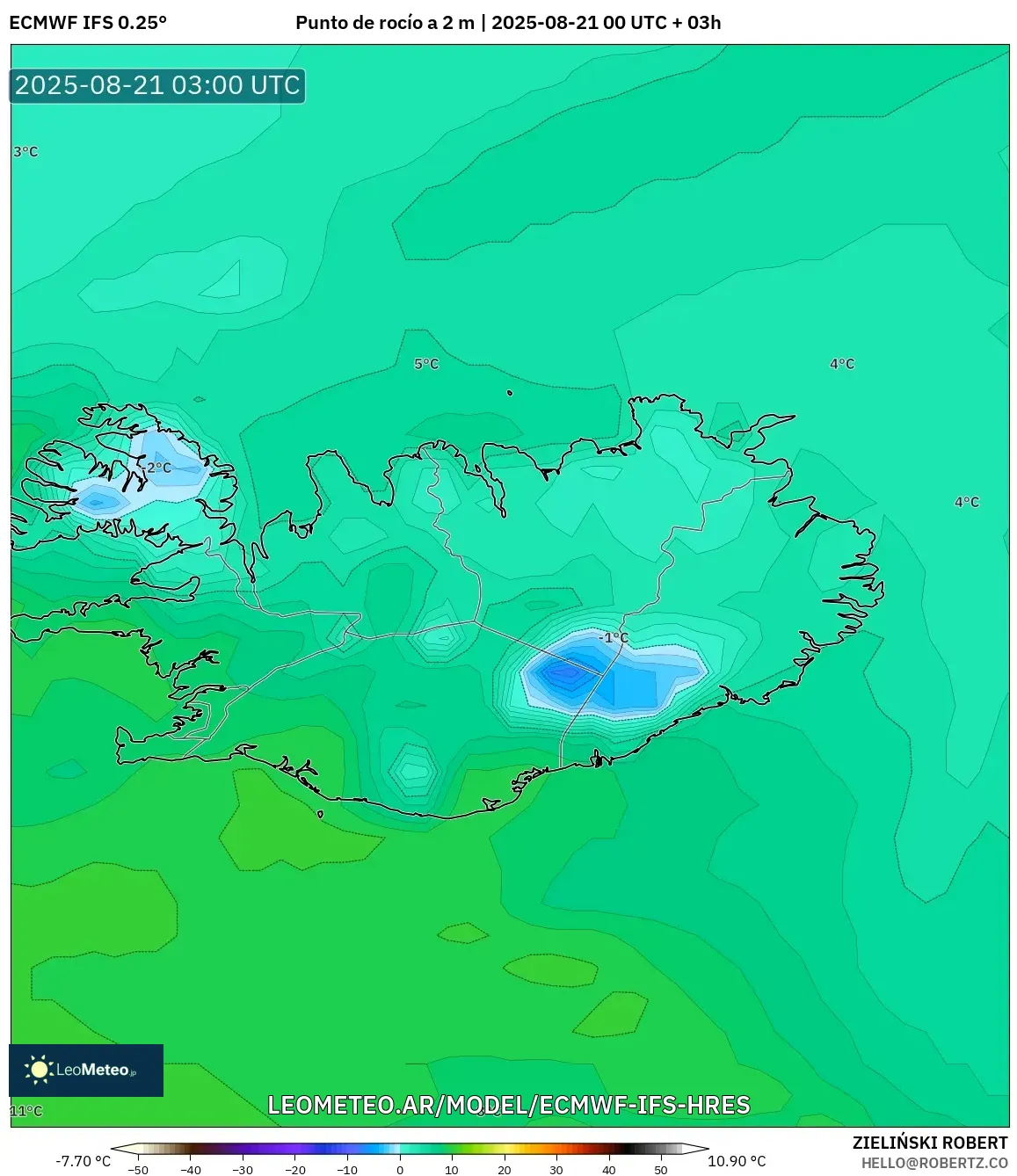 ECMWF IFS 0.25° model - Islandia, Punto de rocío a 2 m