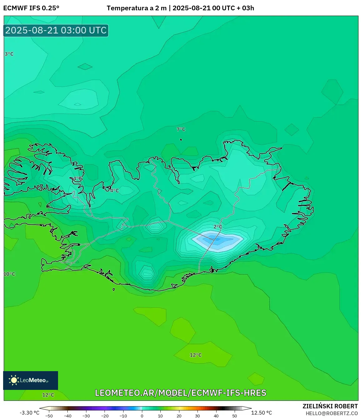ECMWF IFS 0.25° model - Islandia, Temperatura a 2 m