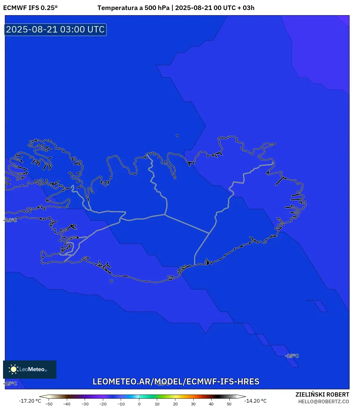 ECMWF IFS 0.25° model - Islandia, Temperatura a 500 hPa