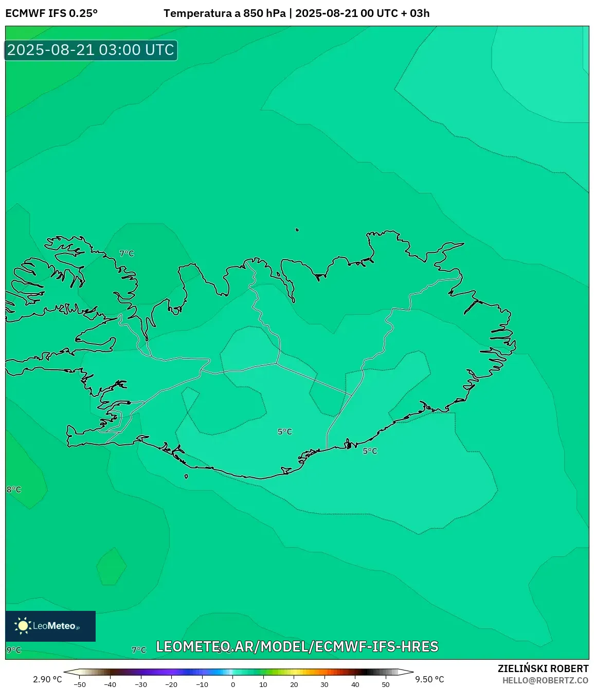 ECMWF IFS 0.25° model - Islandia, Temperatura a 850 hPa