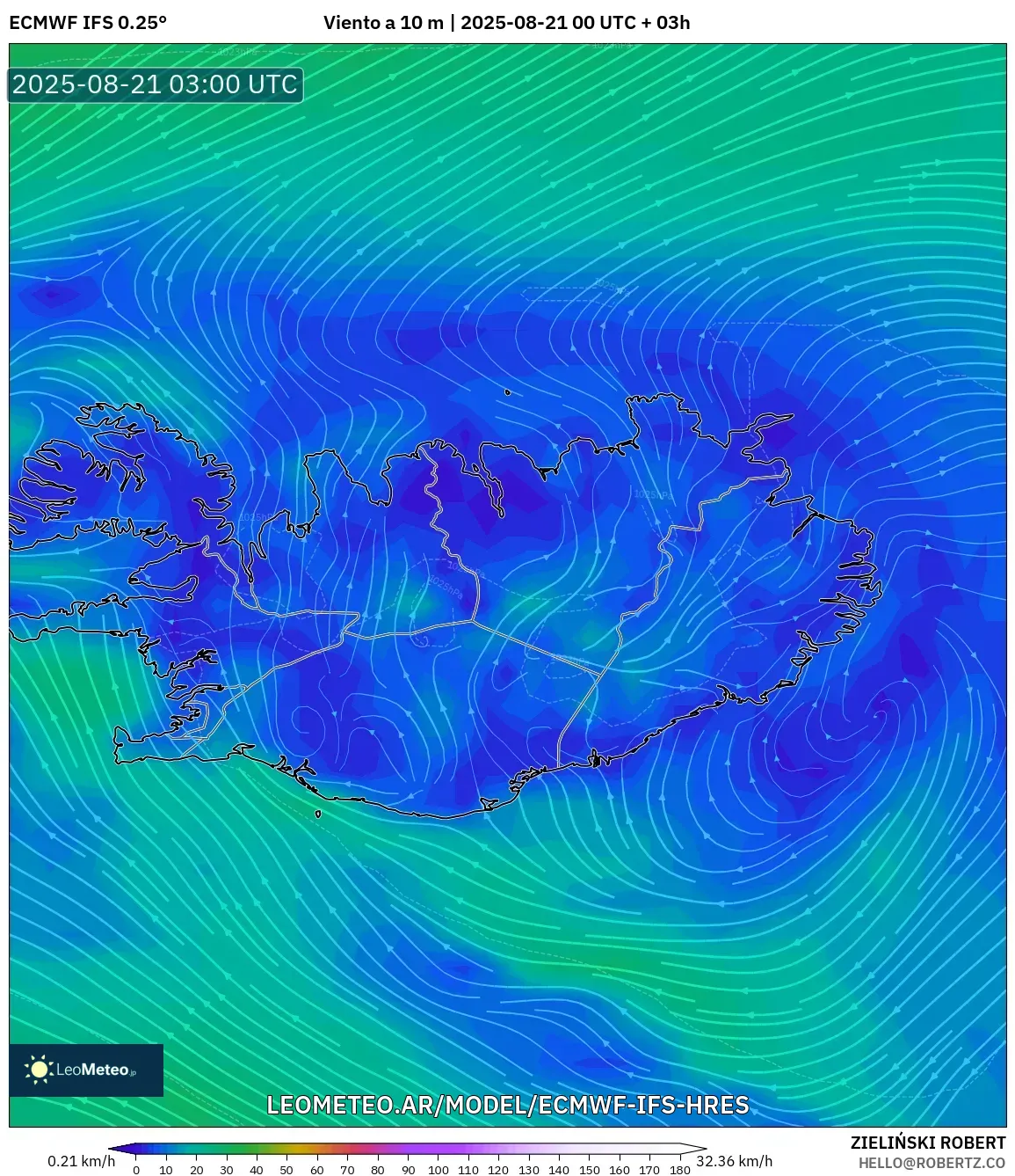 ECMWF IFS 0.25° model - Islandia, Viento a 10 m