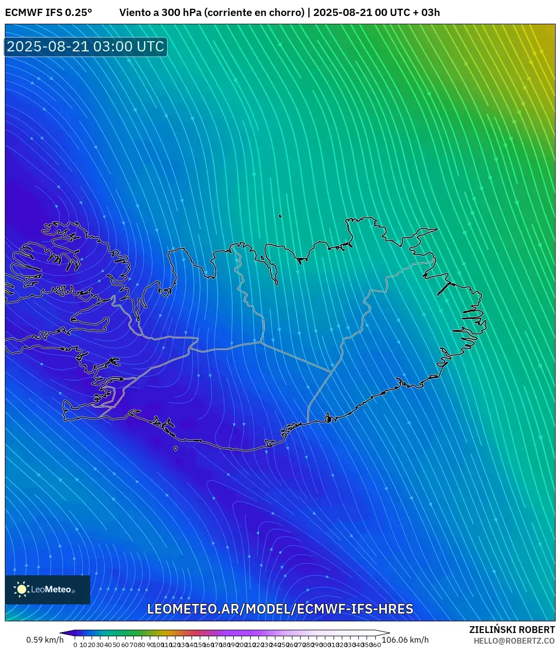 ECMWF IFS 0.25° model - Islandia, Viento a 300 hPa (corriente en chorro)