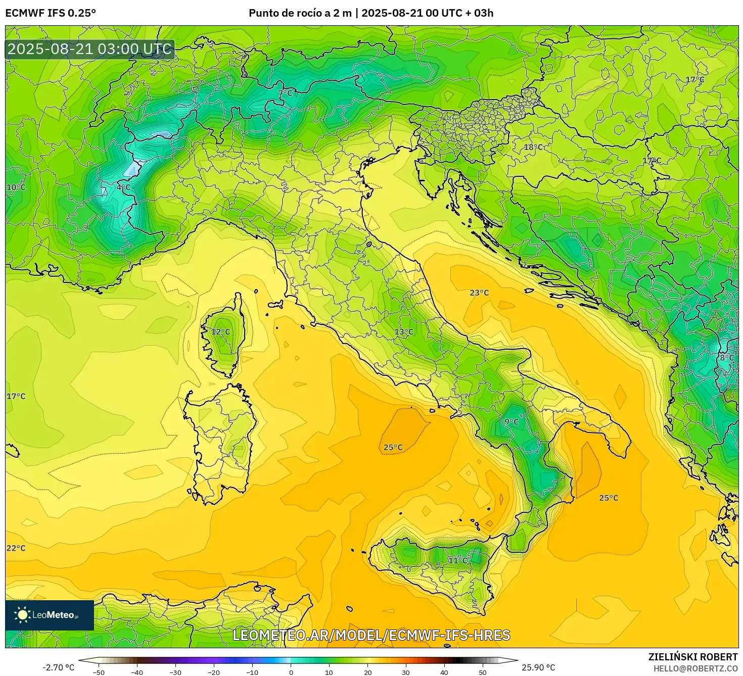 ECMWF IFS 0.25° model - Italia, Punto de rocío a 2 m