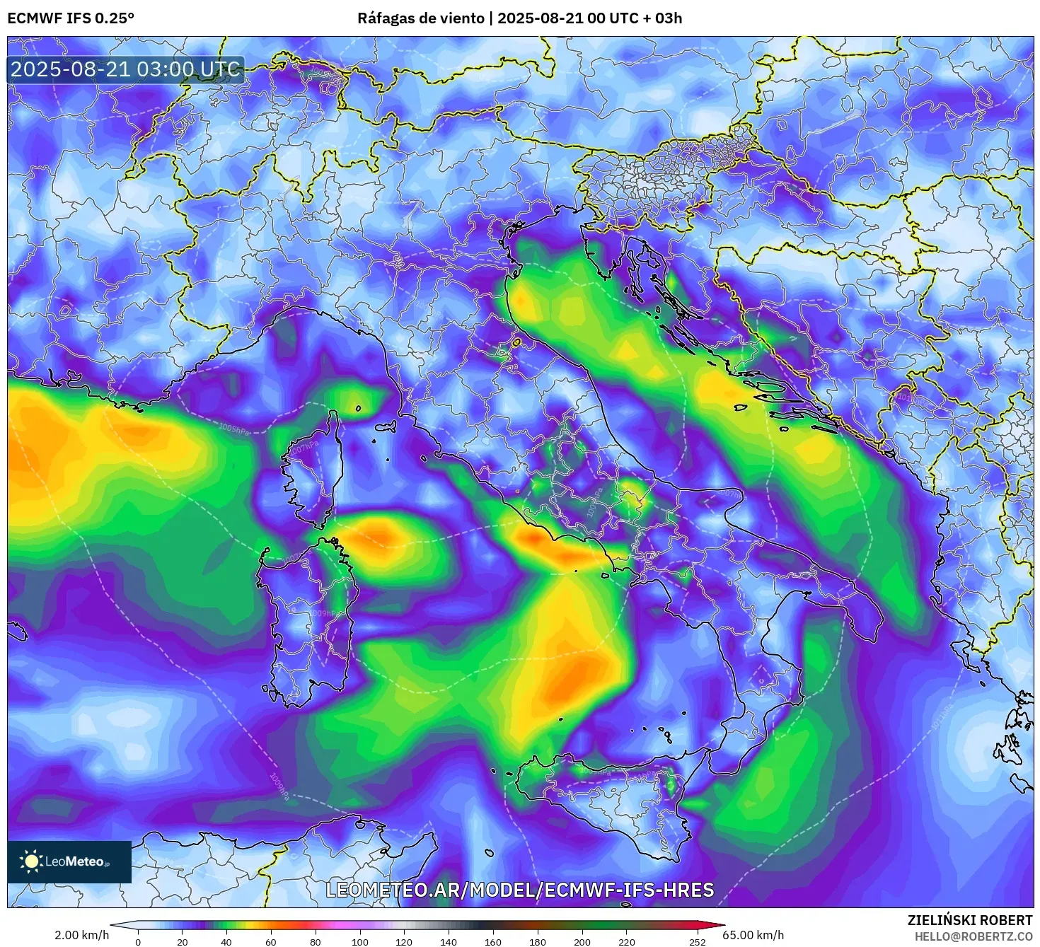 ECMWF IFS 0.25° model - Italia, Ráfagas de viento ECMWF IFS 0.25° model - Italia, Ráfagas de viento